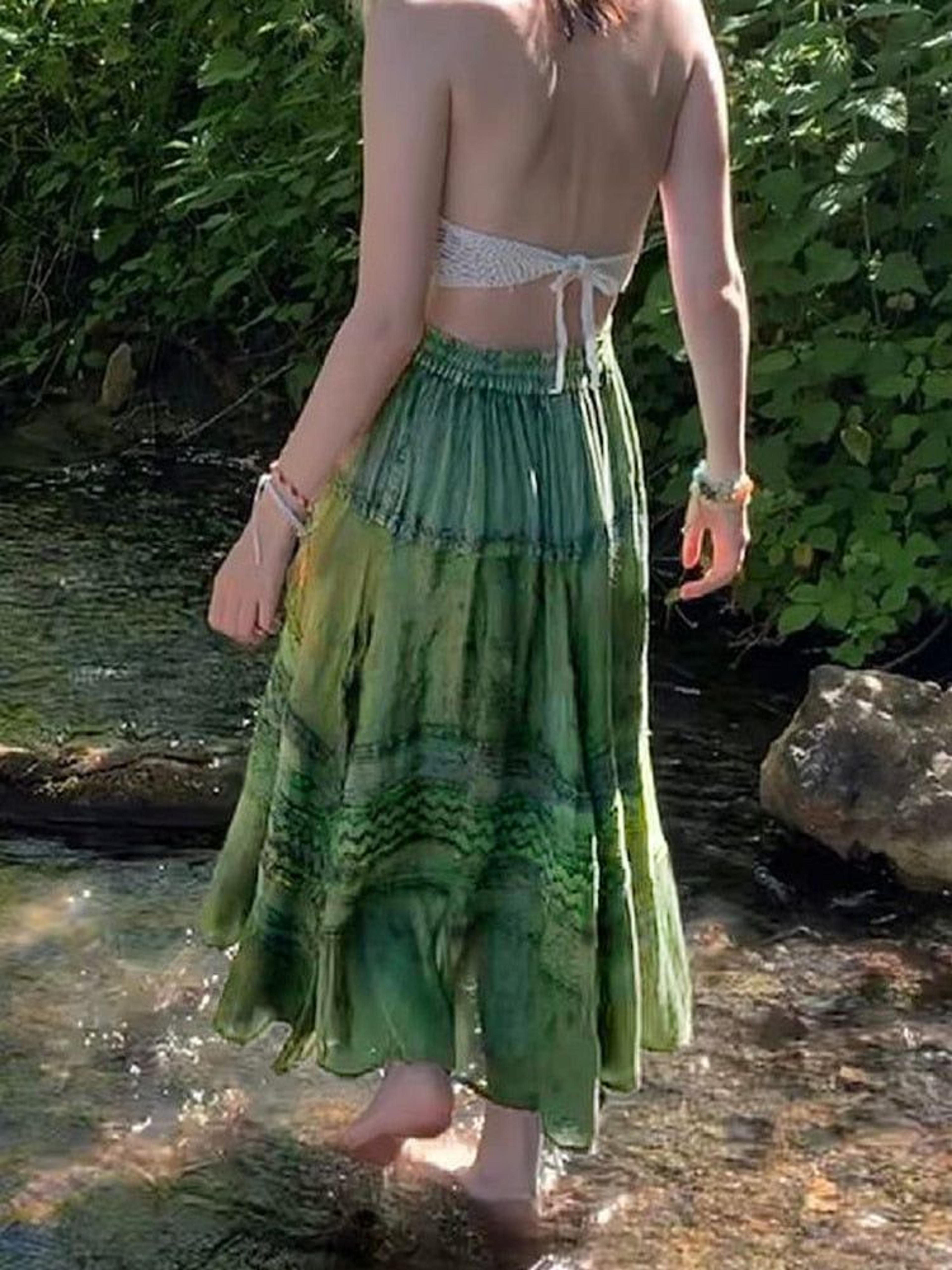 Vintage Green Long Skirt For Women Aesthetic Graphic Print Hight Waist Bohemian Skirts Fairy Grunge Streetwear Ladies Clothes - green / M