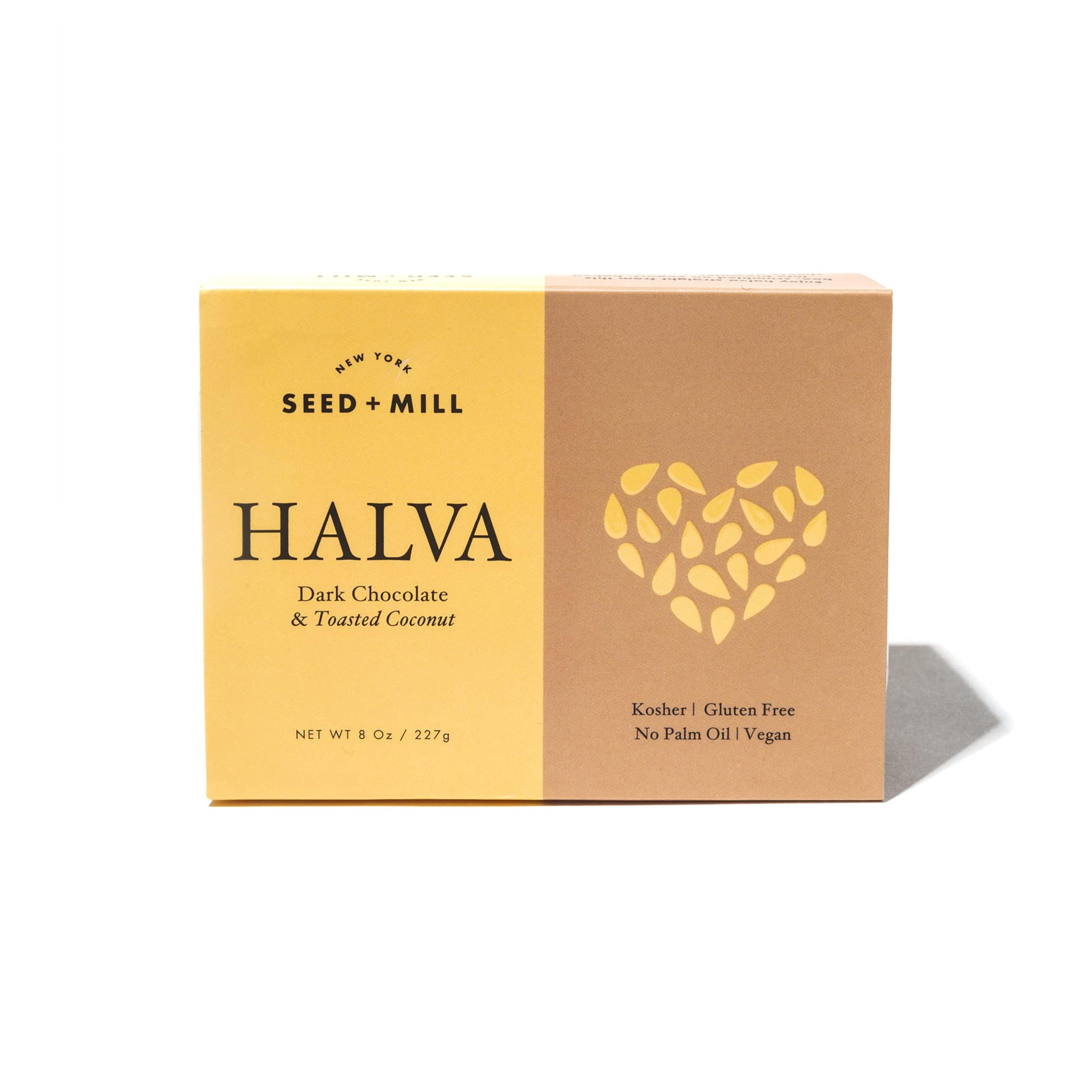 Amazon.com : Seed + Mill - Halva - Dark Chocolate & Toasted Coconut - Vegan, Kosher, & Gluten Free - Enjoy this soft, fudgelike candy made out of sesame paste and dark chocolate - 8 oz : Grocery & Gourmet Food