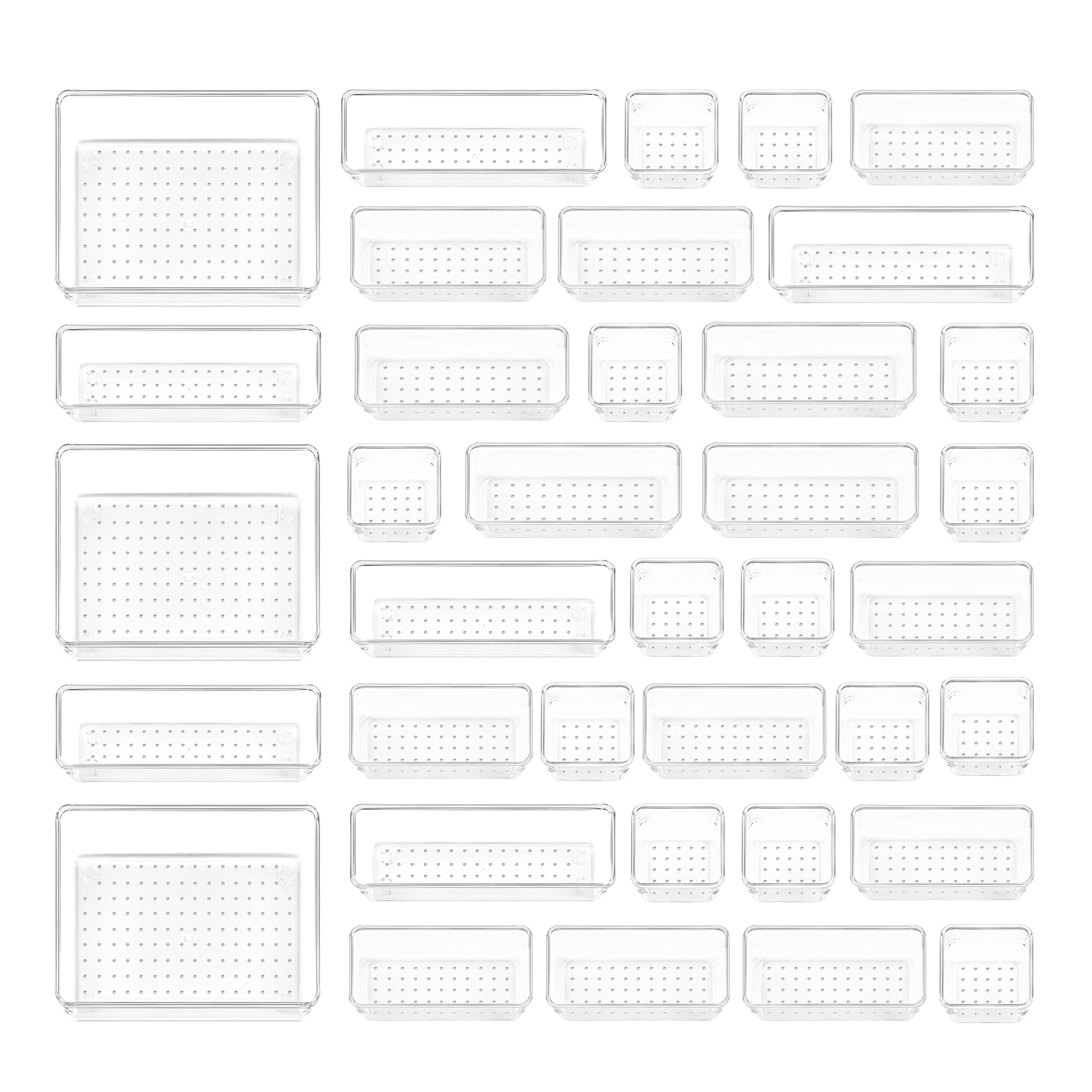 Vtopmart 37 PCS Clear Plastic Drawer Organizers Set, 4-Size Versatile Bathroom and Vanity Drawer Organizer Trays, Storage Bins for Makeup, Jewelries, Kitchen Utensils and Office