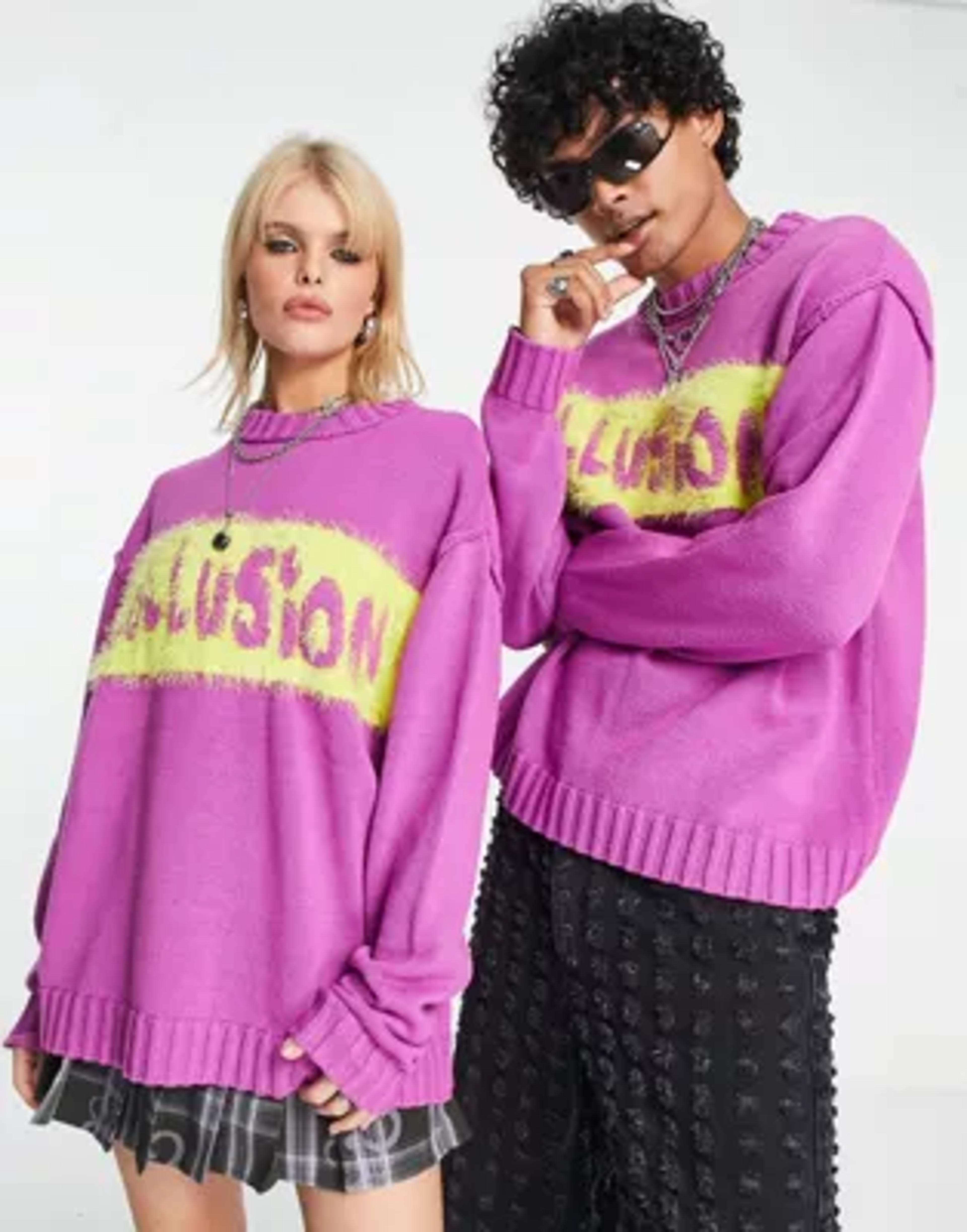 COLLUSION Unisex knit branded front print crewneck in bright pink