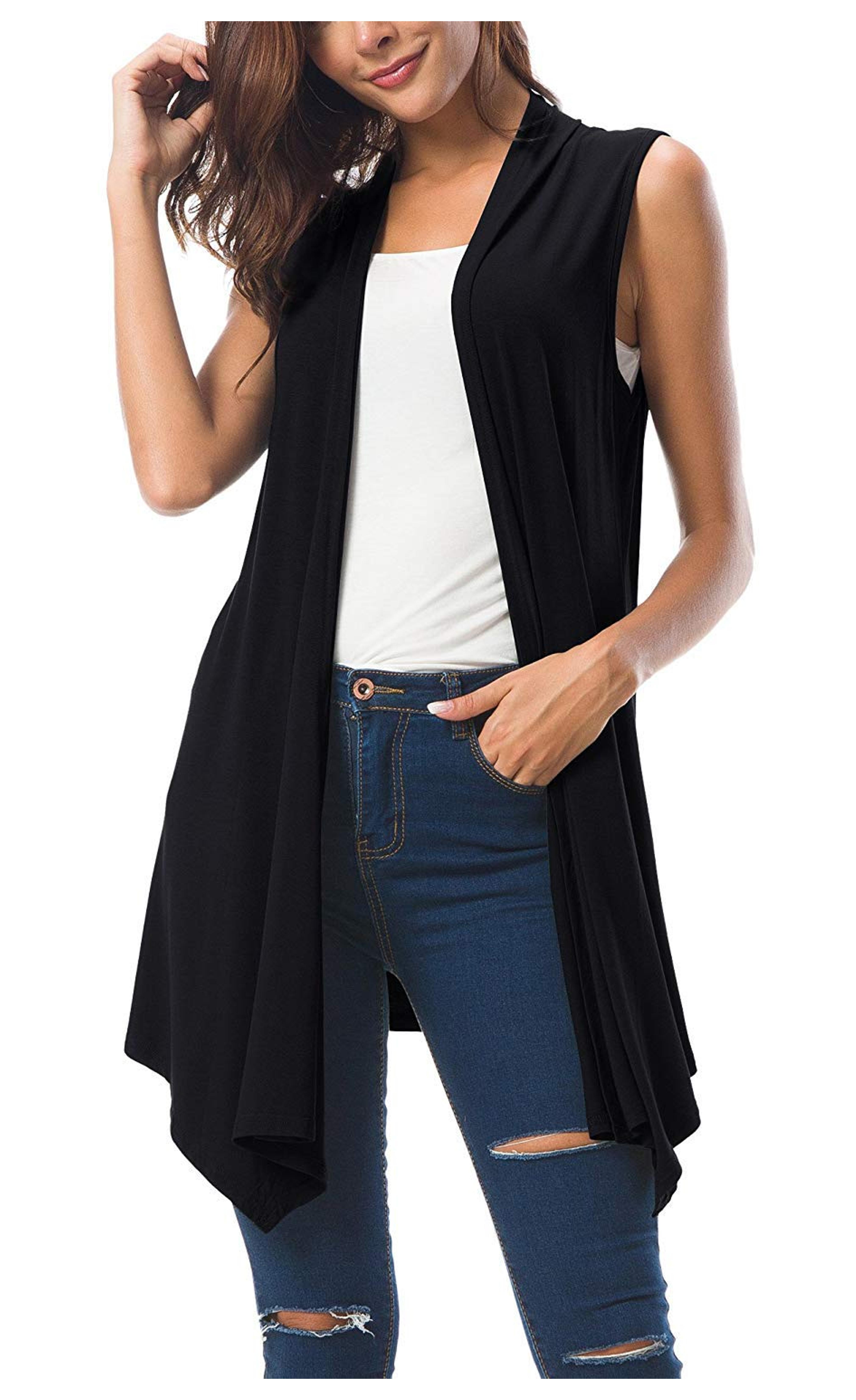 Women's Sleeveless Draped Open Front Cardigan Vest Asymmetric Hem (M, Black)