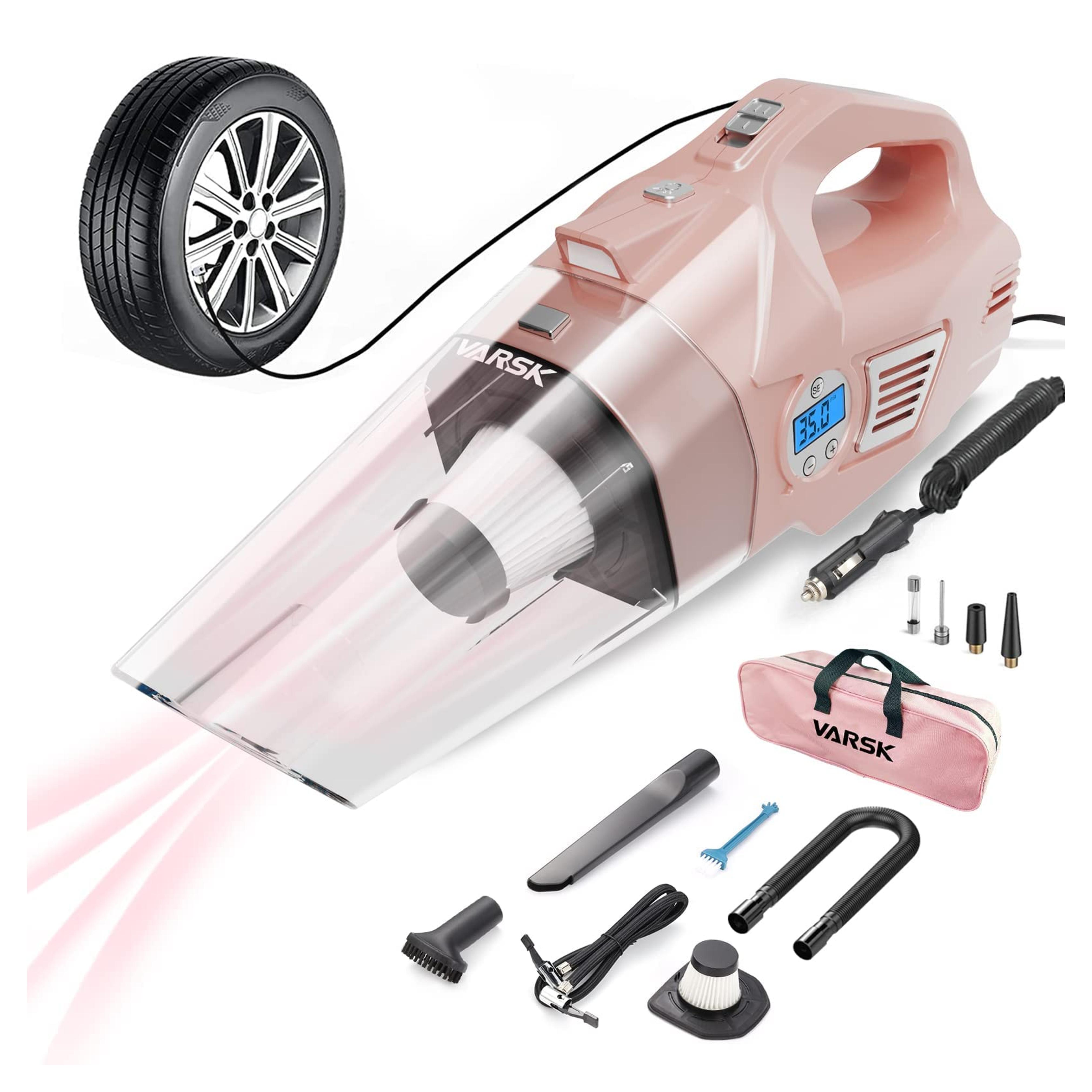 VARSK 4-in-1 Car Vacuum Cleaner, Tire Inflator Portable Air Compressor with Digital Tire Pressure Gauge LCD Display and Light, 12V DC, 15FT Cord, Pink Car Accessories for Women, Gifts for Her