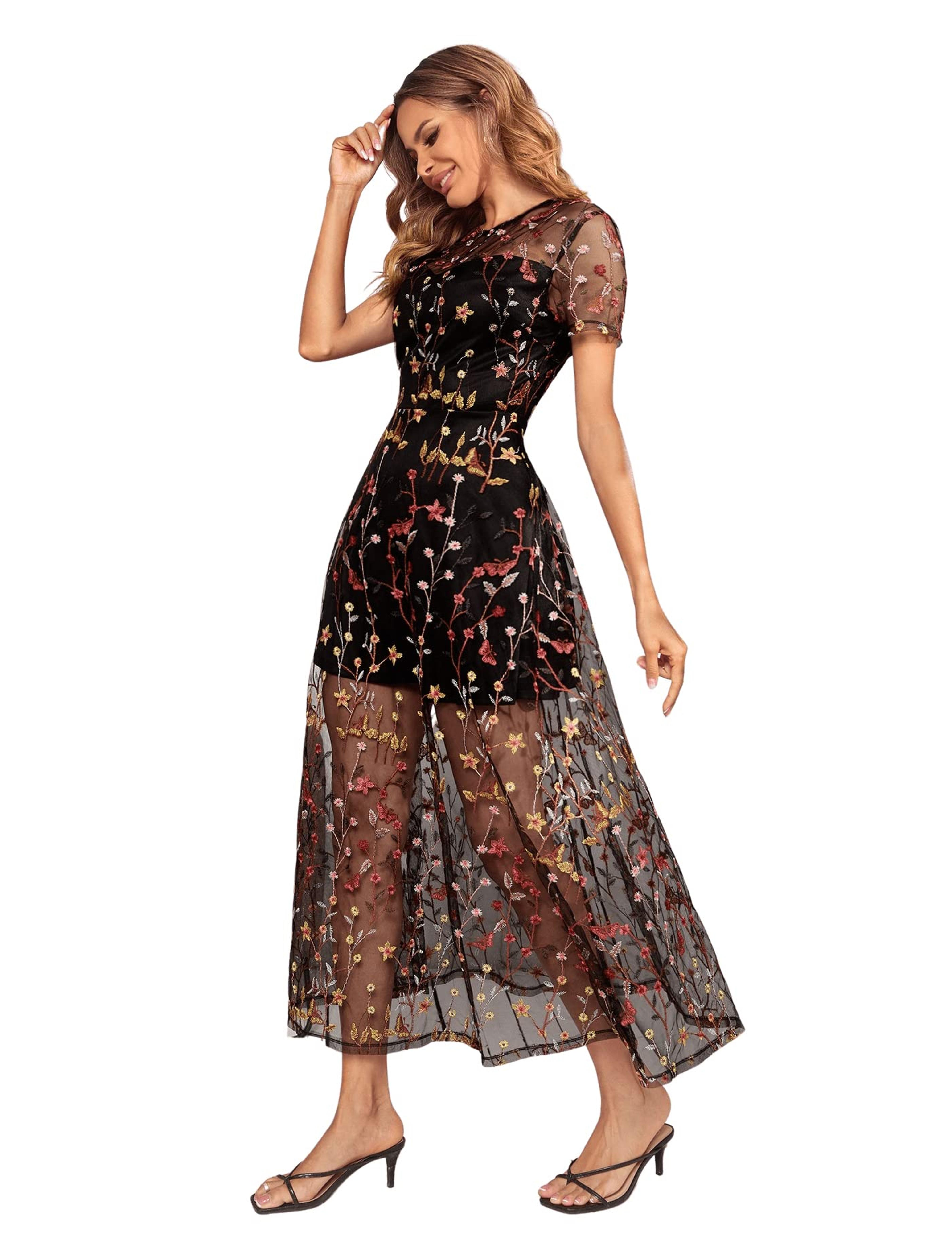 SweatyRocks Women's Sheer Mesh Short Sleeve Round Neck Dress Floral A Line Long Dresses