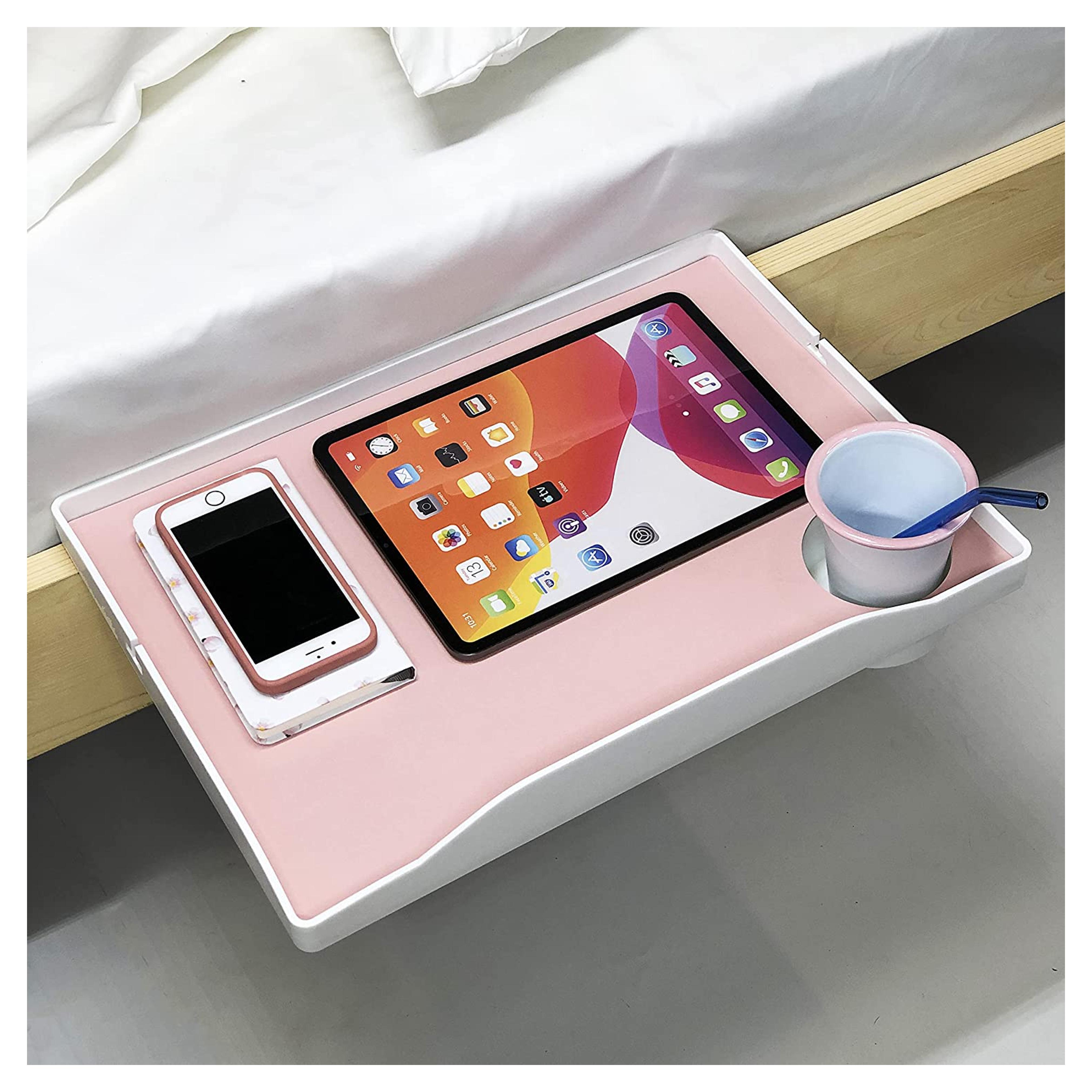 Bedroom Bedside Table Storage Rack, with Cupholder Bunk Bed Bedside Storage Rack，Removable Bedside Tray, Suitable for Bedroom/bunk Bed College Dorm Room Essentials. (White Tray + Pink Leather)