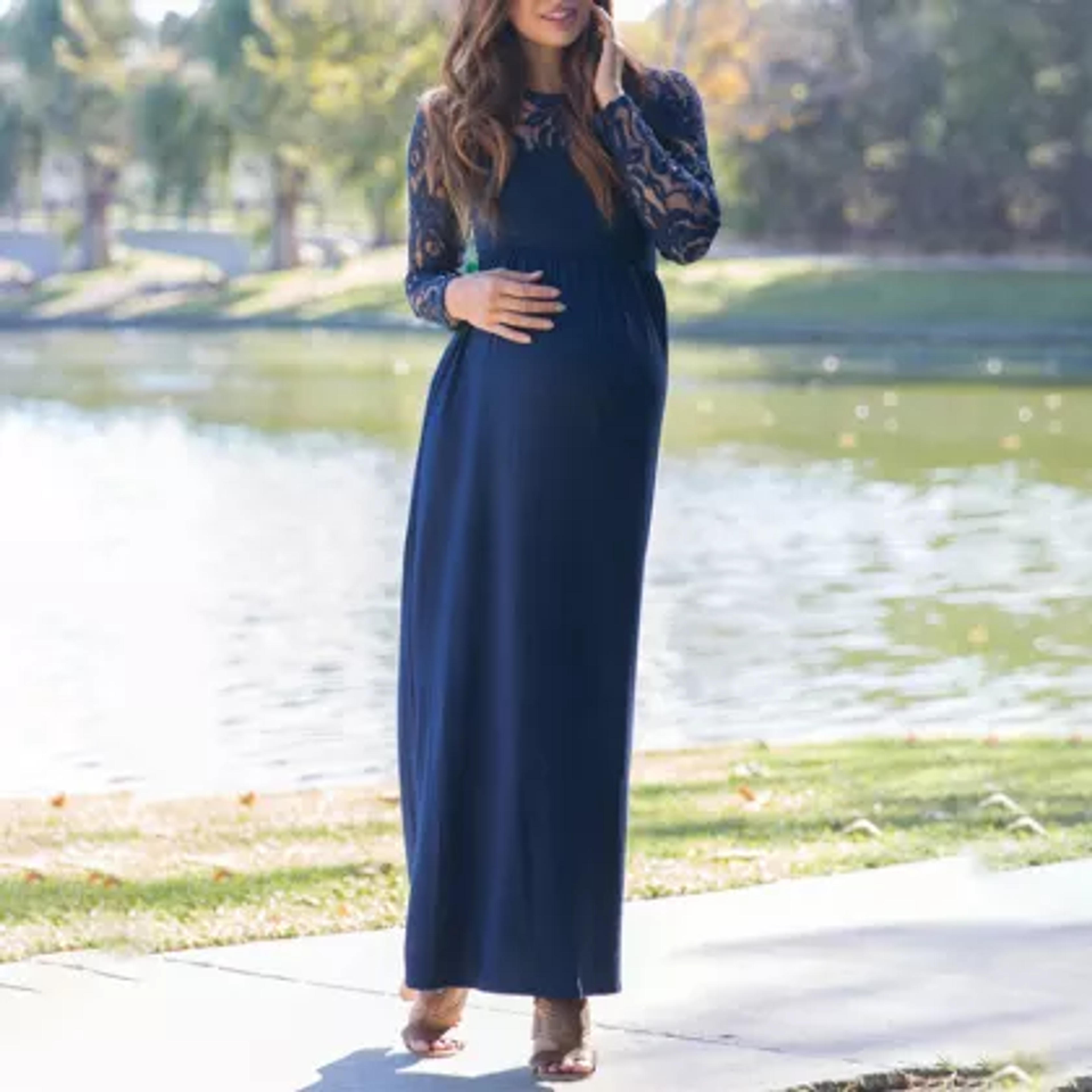 Maternity lace stitching long sleeve dress - Lukalula.com