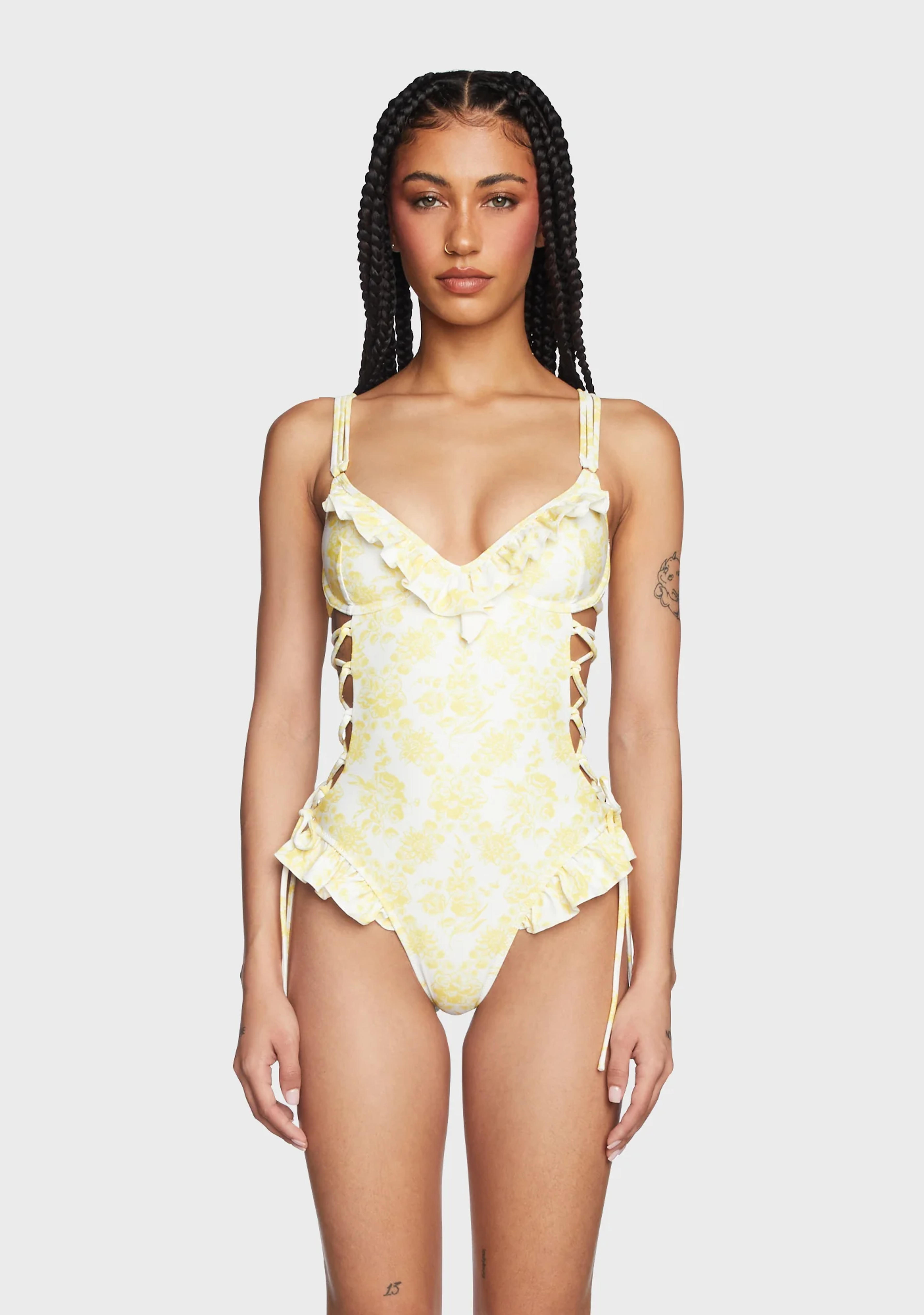 Sugar Thrillz Floral Cutout Lace Up One Piece Swimsuit - Yellow – Dolls Kill