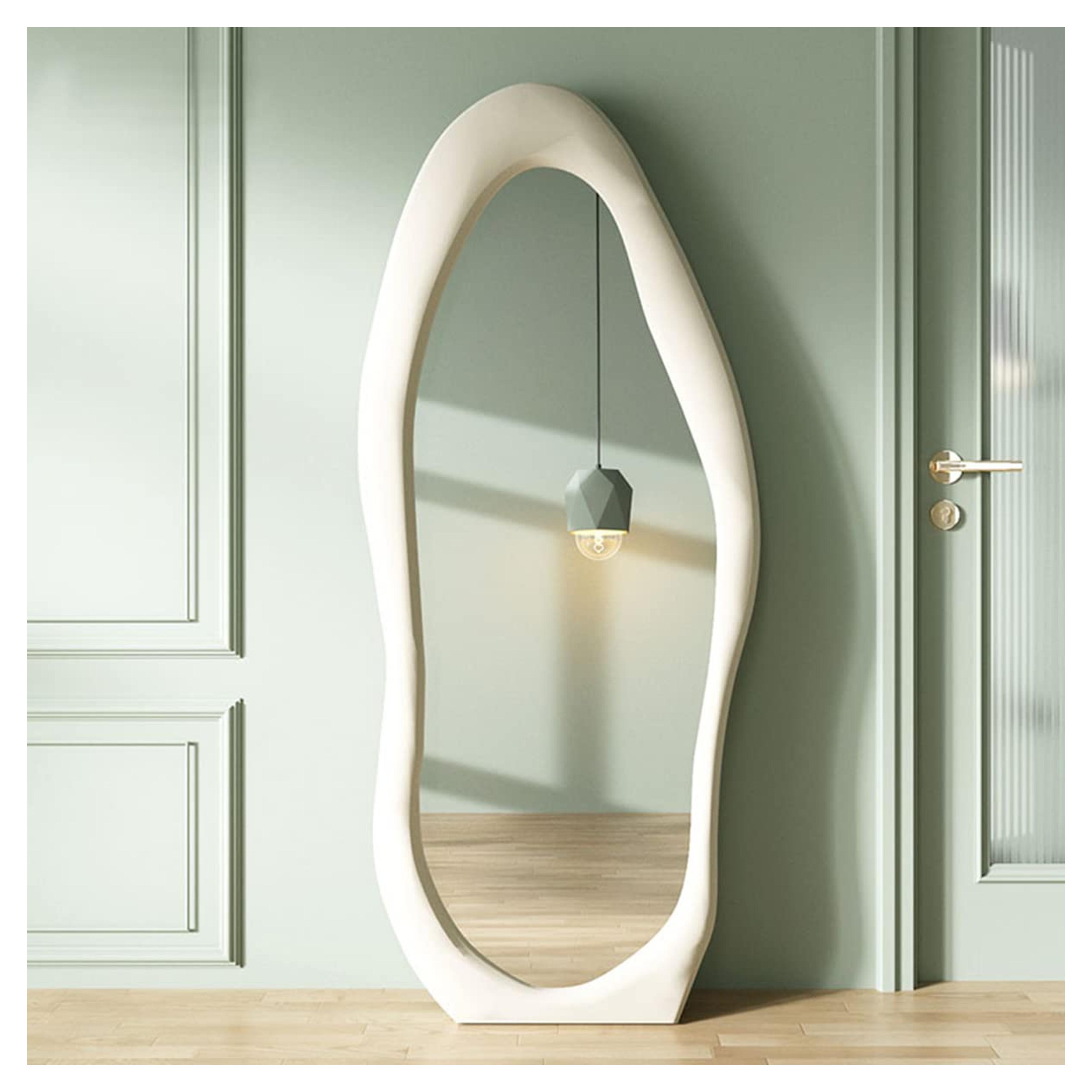 OGCAU Full Length Mirror, Irregular Wavy Mirror Full Length, Wave Floor Mirror, Full Length Wall Mirror, Wall Mirror Standing Hanging or Leaning Against Wall for Bedroom(White 63"x24")