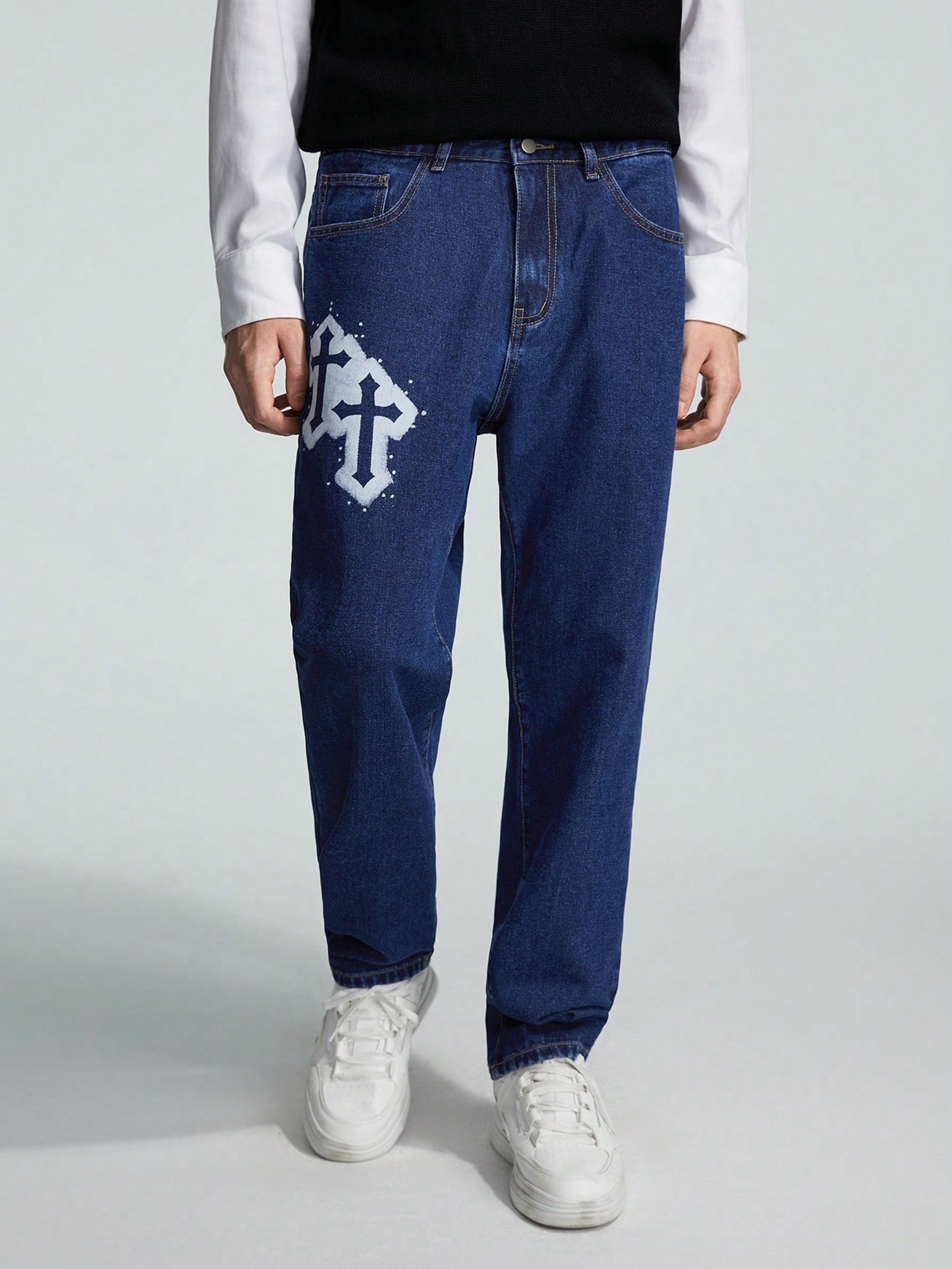 ROMWE Guys Cross Graphic Straight Leg Baggy Jeans