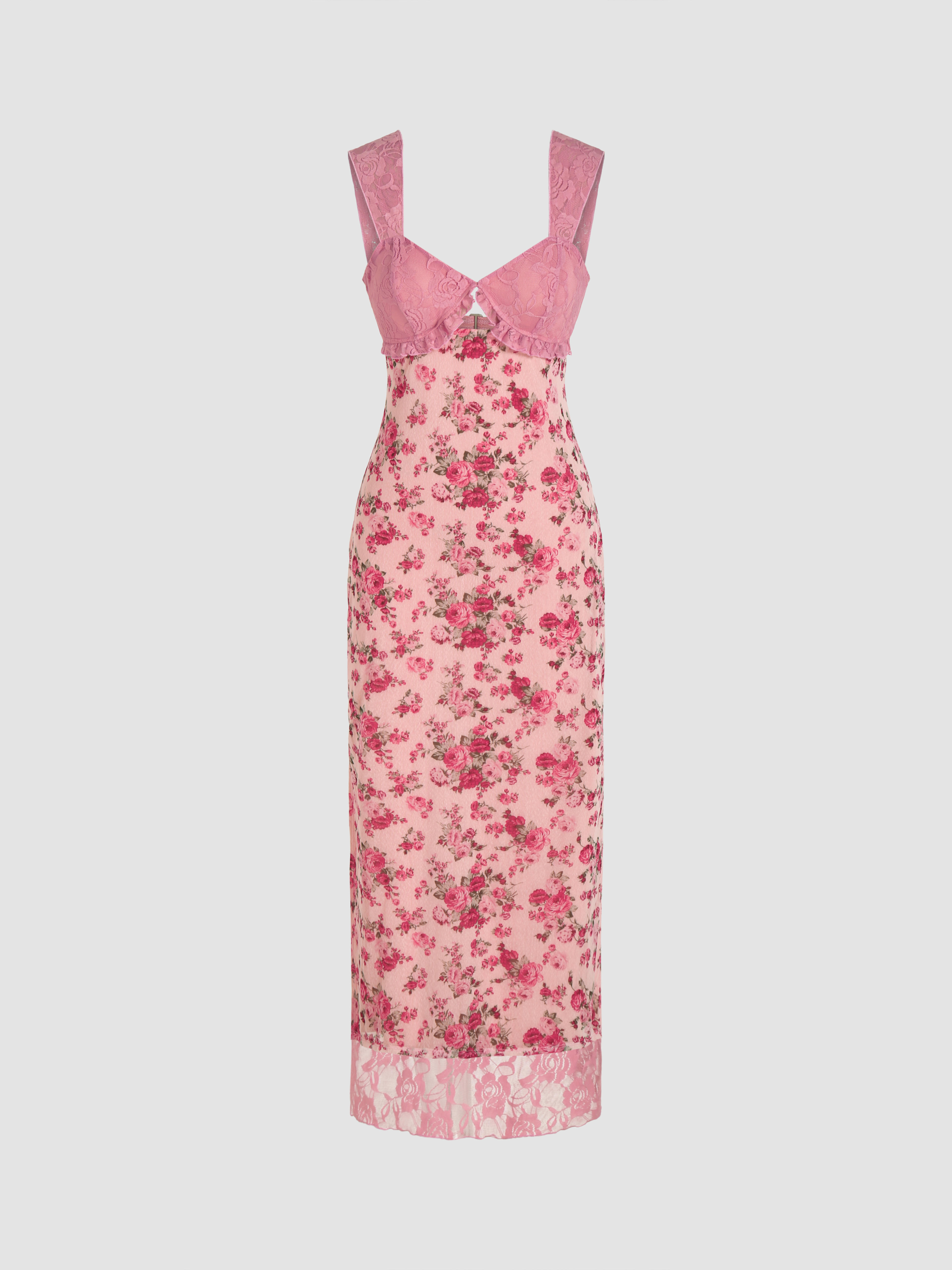 V-neck Lace Floral Cami Maxi Dress - Cider