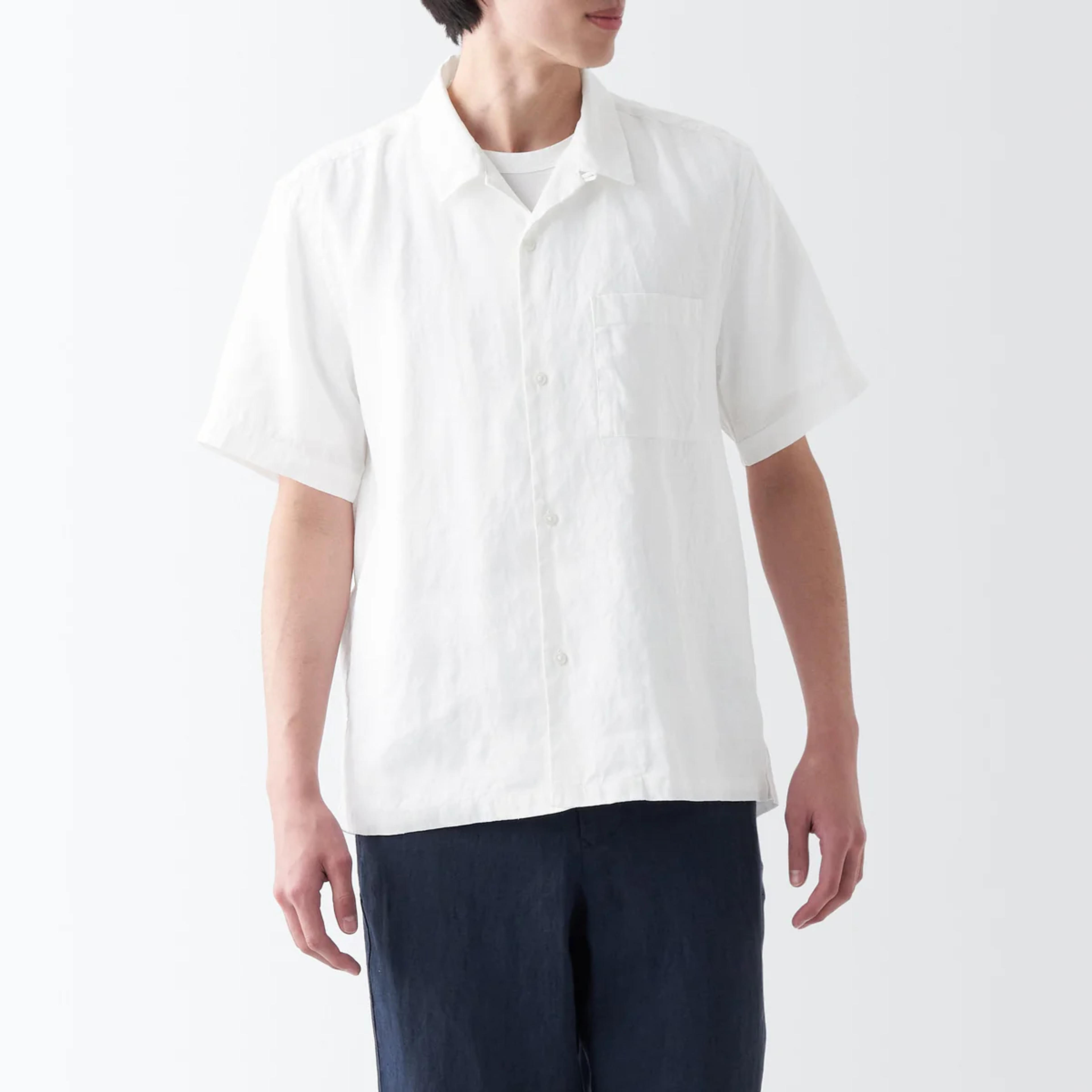 Men's Washed Hemp Open Collar Short Sleeve Shirt