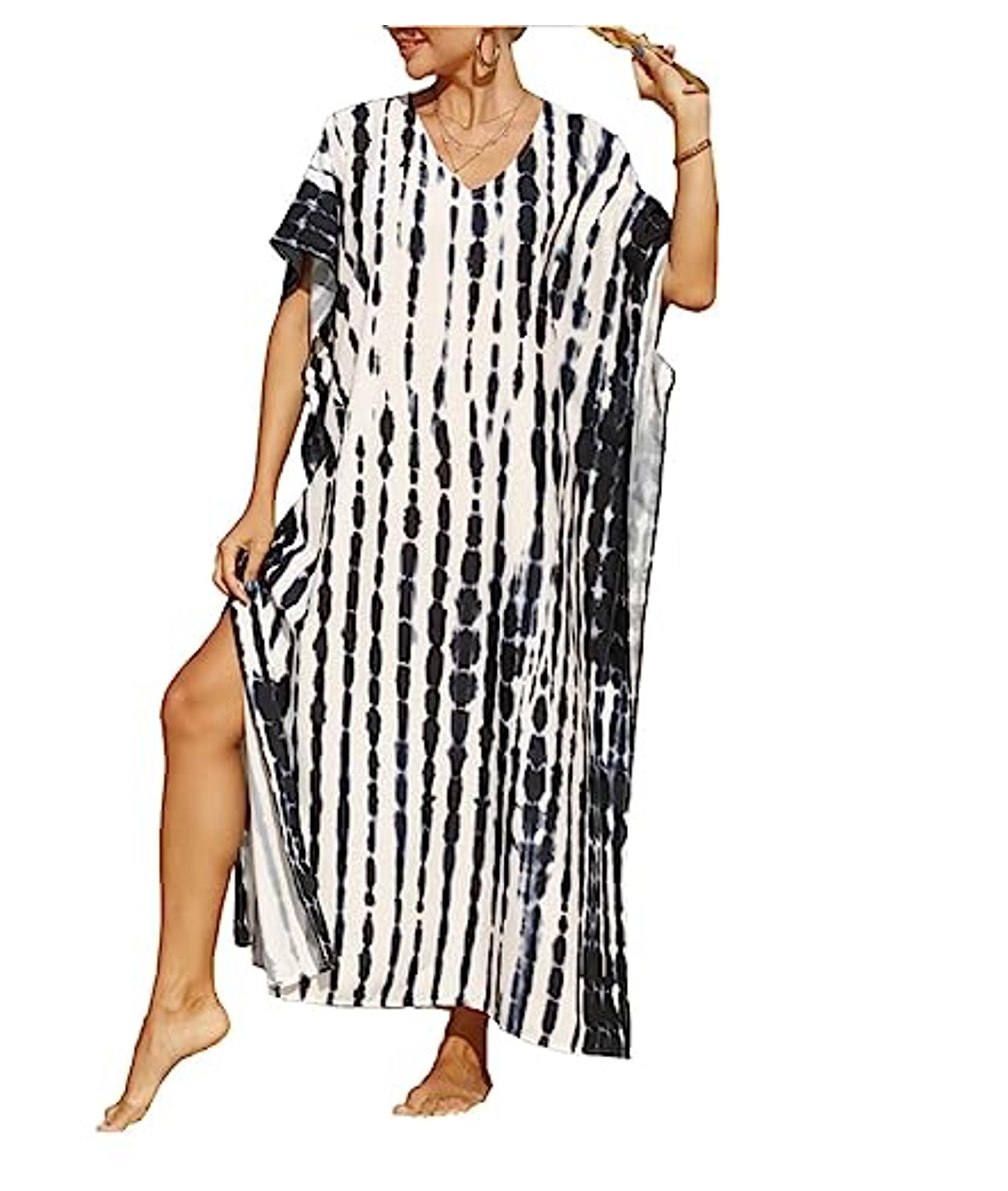 Tie Dye Printed Turkish Kaftans Bikini Cover Ups Long Beach Dress Loose Bathingsuit Coverup at Amazon Women’s Clothing store