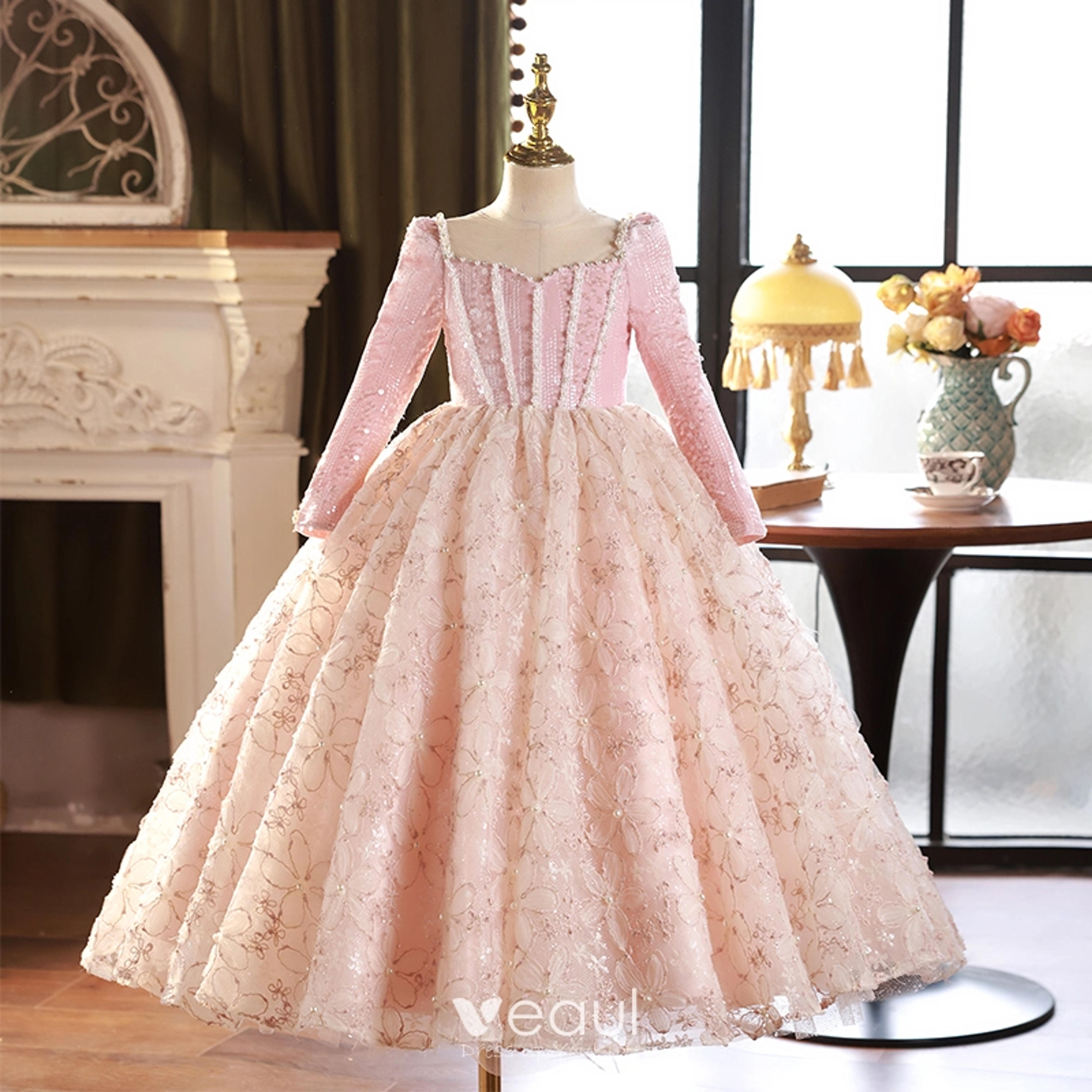 Chic / Beautiful Blushing Pink Beading Pearl Sequins Birthday Flower Girl Dresses 2024 Ball Gown Square Neckline Long Sleeve Tea-length