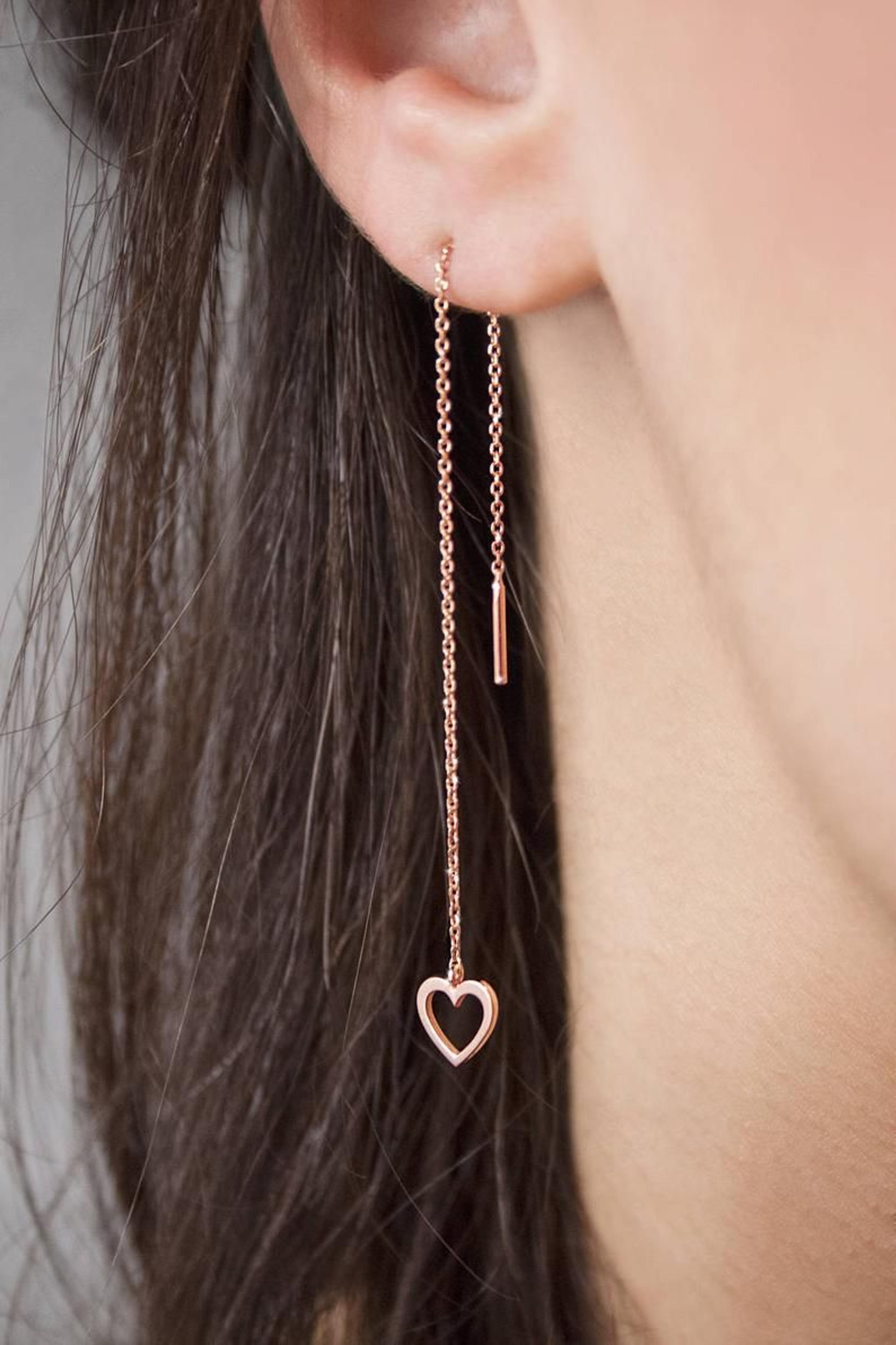 Small Hearts, Romantic Threader Earrings, 9K 14K 18K Solid Gold, Earrings in Yellow White or Rose Gold, Long Chain Threaders, Gift For Her
