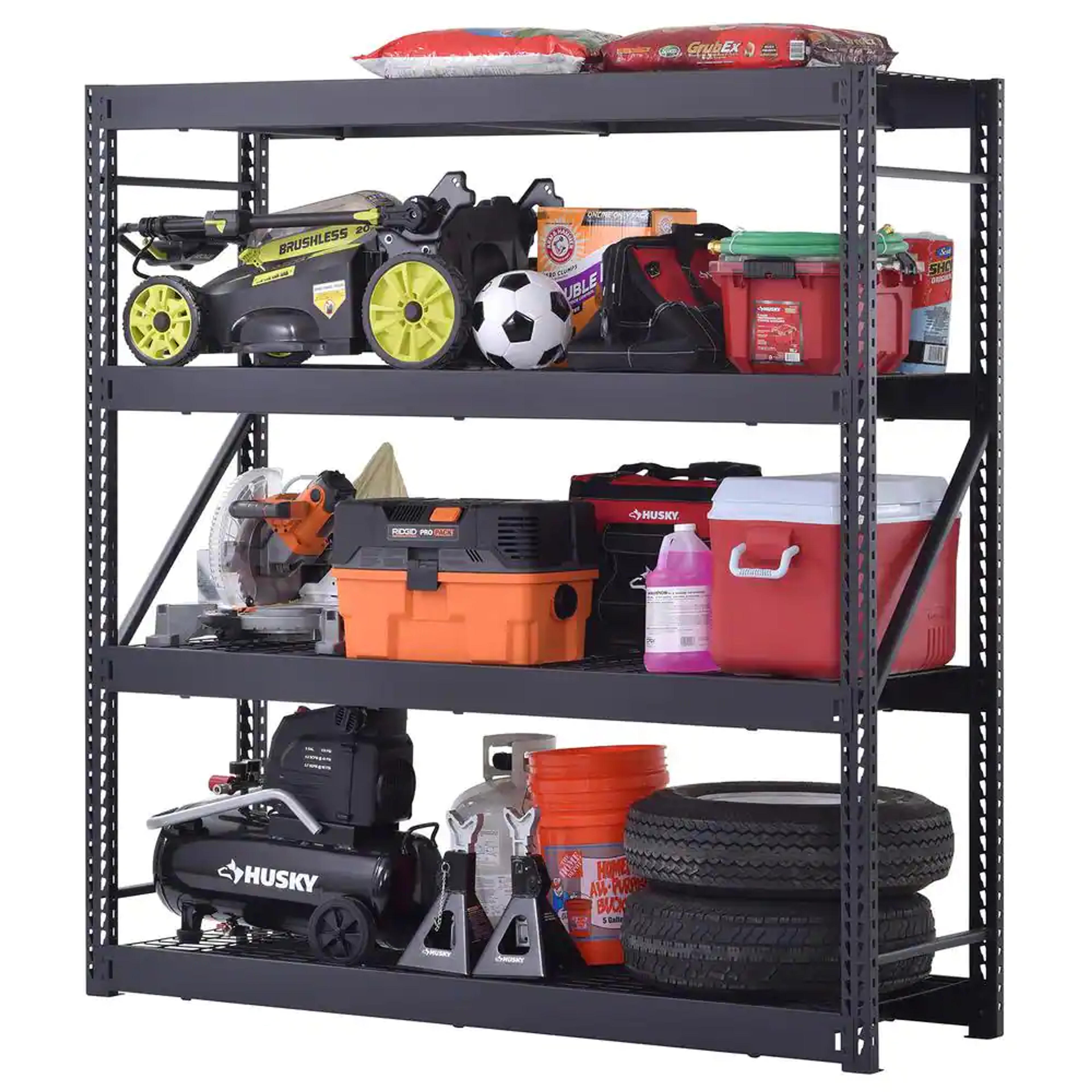 Husky 4-Tier Industrial Duty Steel Freestanding Garage Storage Shelving Unit in Black (77 in. W x 78 in. H x 24 in. D) N2W772478W4B - The Home Depot