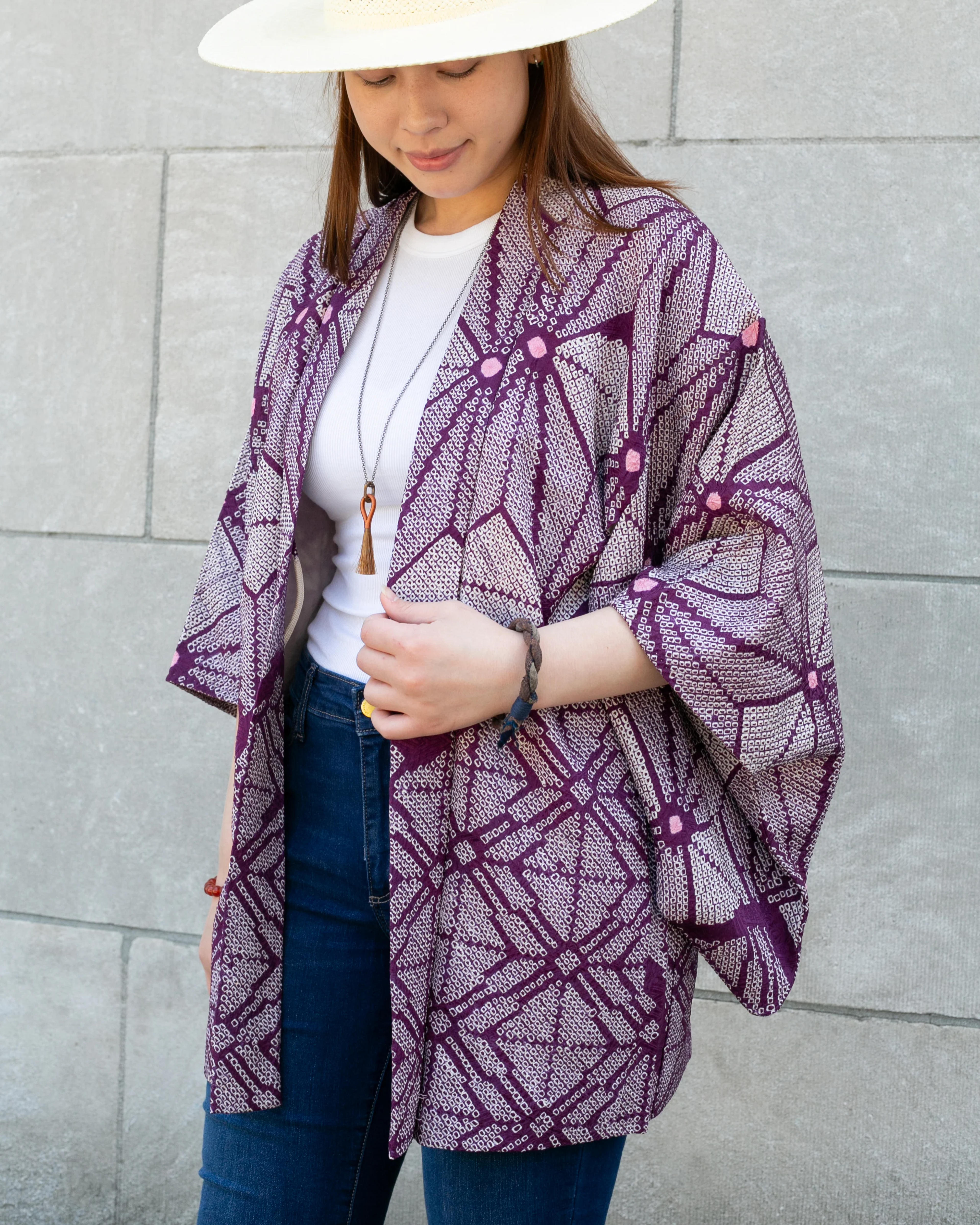 Vintage Haori Jacket, Full Shibori, Purple with White Geometric Shapes – Kiriko Made