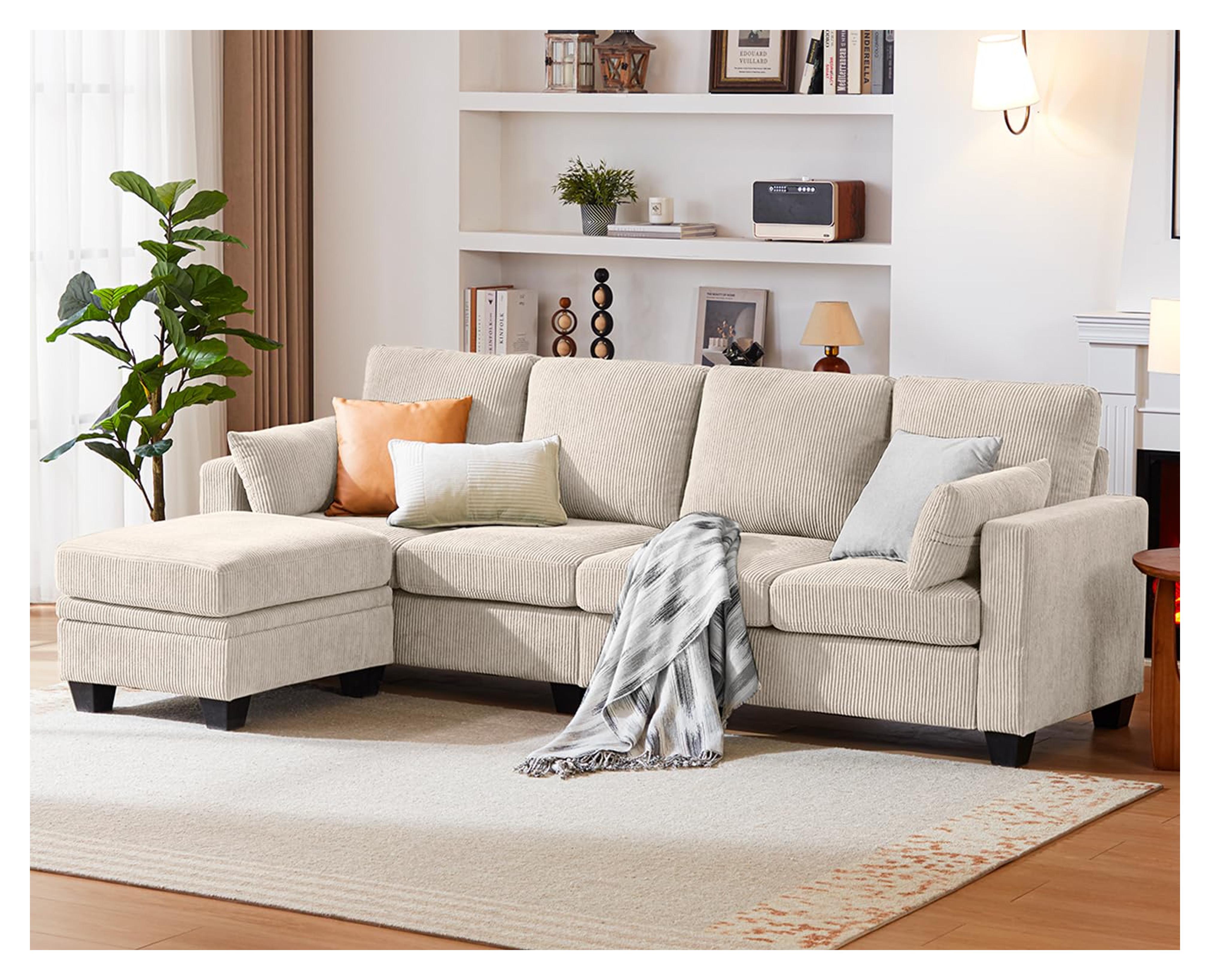 Amazon.com: CHIC HOUSE Corduroy Convertible Sectional Sofa with Chasie, L Shaped 4-seat Sectional Couch with Storage Ottoman (Beige) : Home & Kitchen