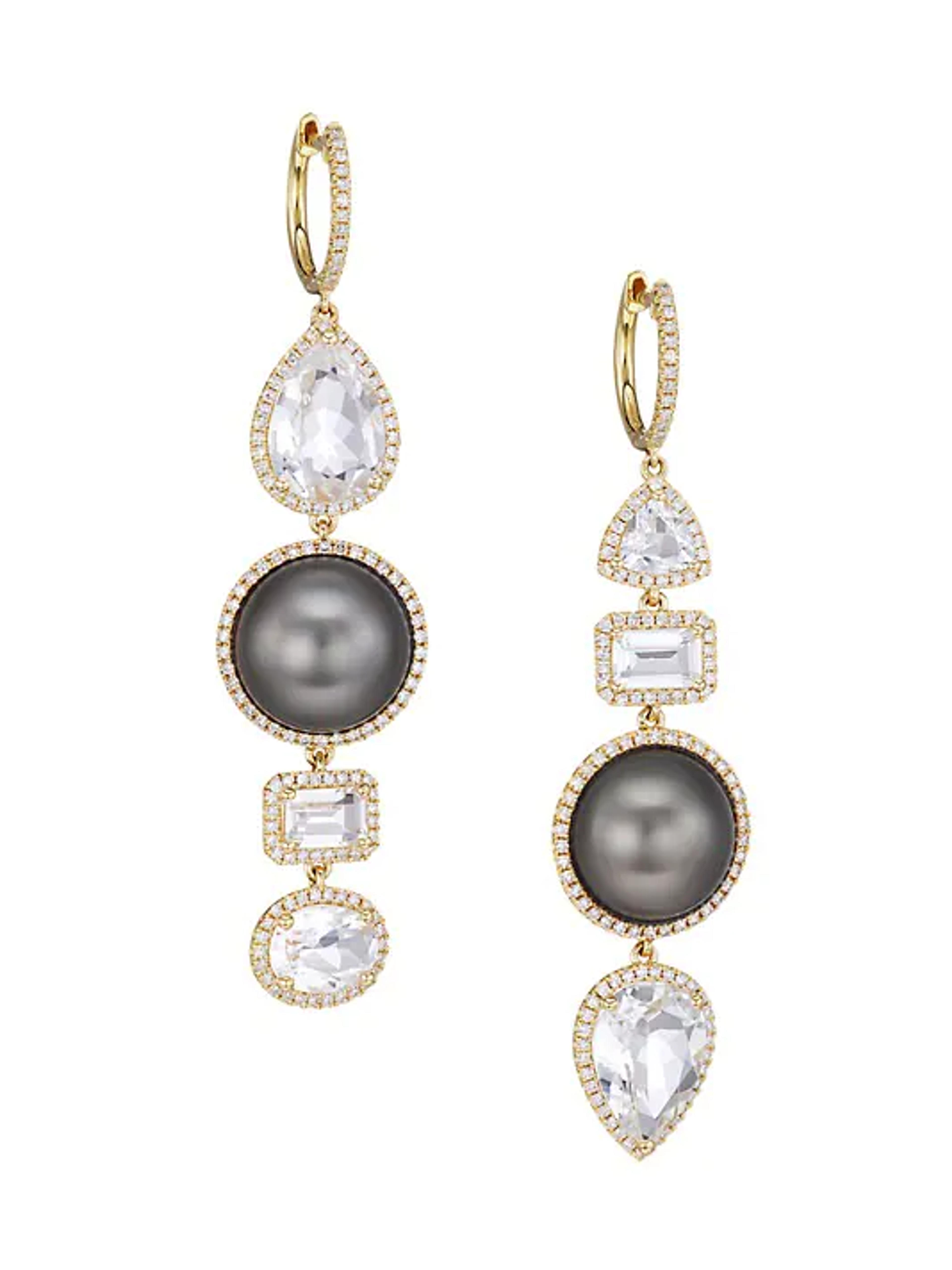 Shop Samira 13 18K Yellow Gold, 12MM Tahitian Pearl, Diamond & White Topaz Mismatched Drop Earrings | Saks Fifth Avenue