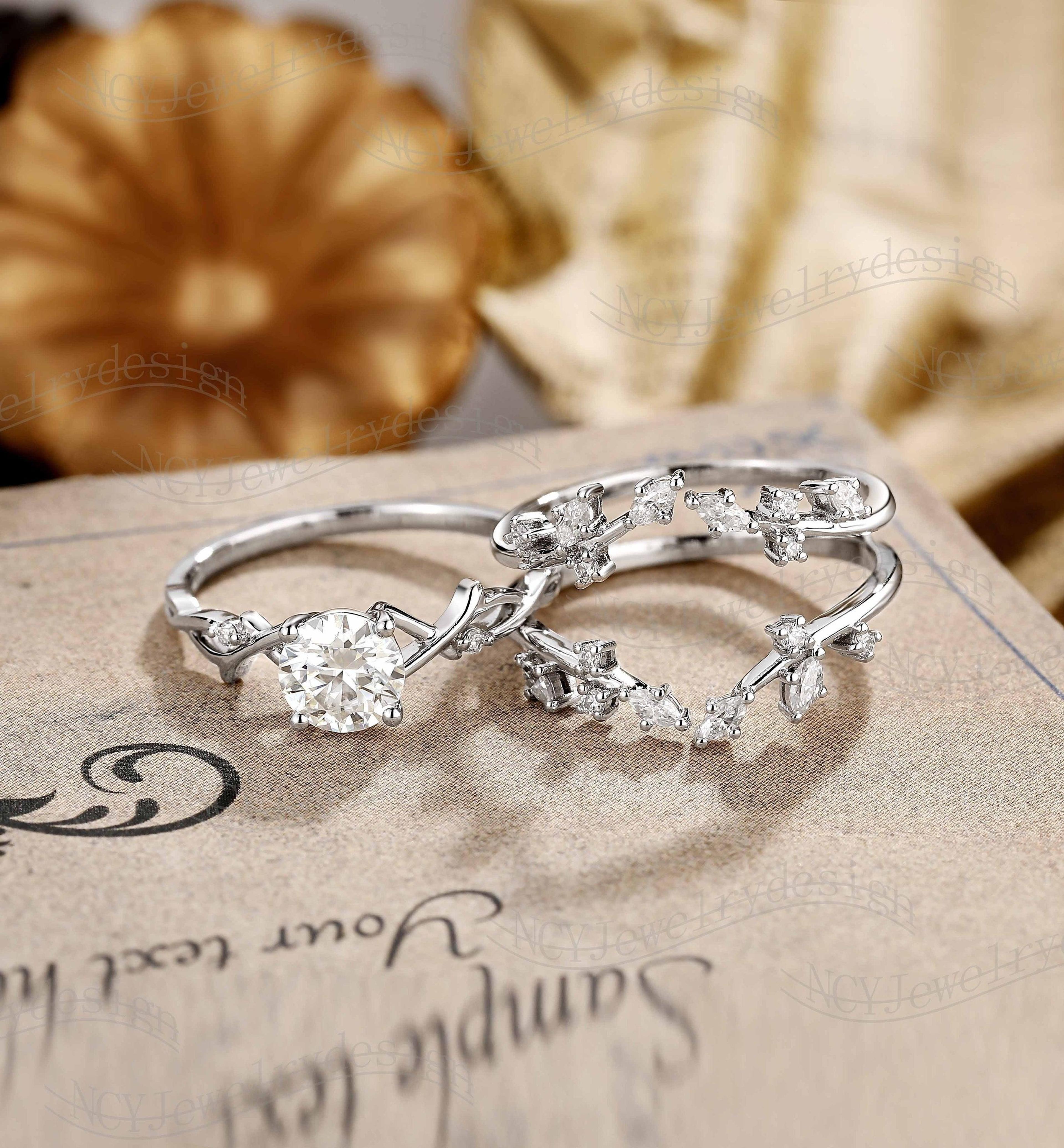 Vine Moissanite Engagement Ring Set, Vintage Leaf Moissanite Ring, Round Cut Moissanite Ring, White Gold Branch Enhancer Ring
