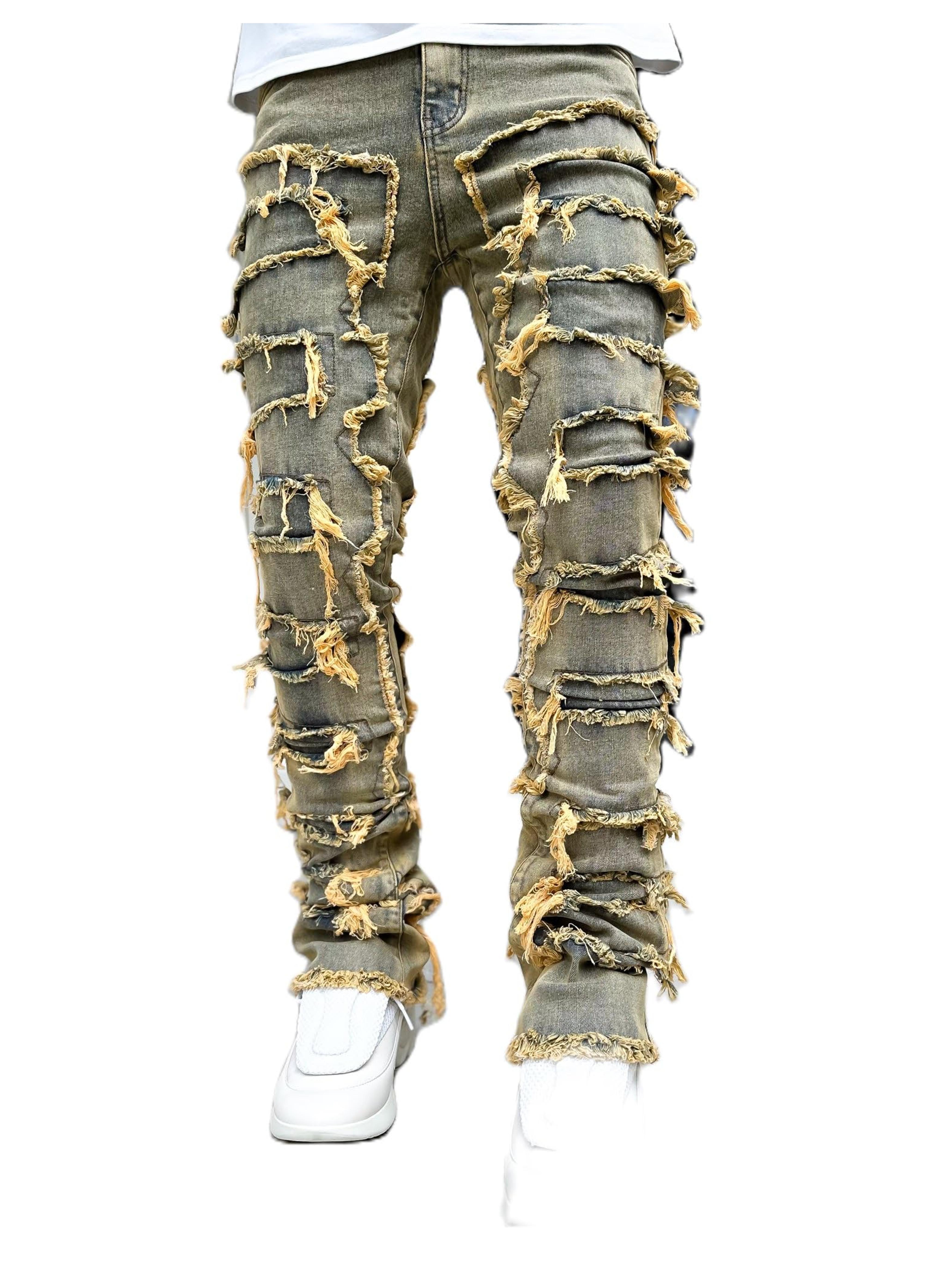 Bowanadacles Men Stacked Skinny Jeans Ripped Denim Pants Men's Slim Fit Harajuku ...