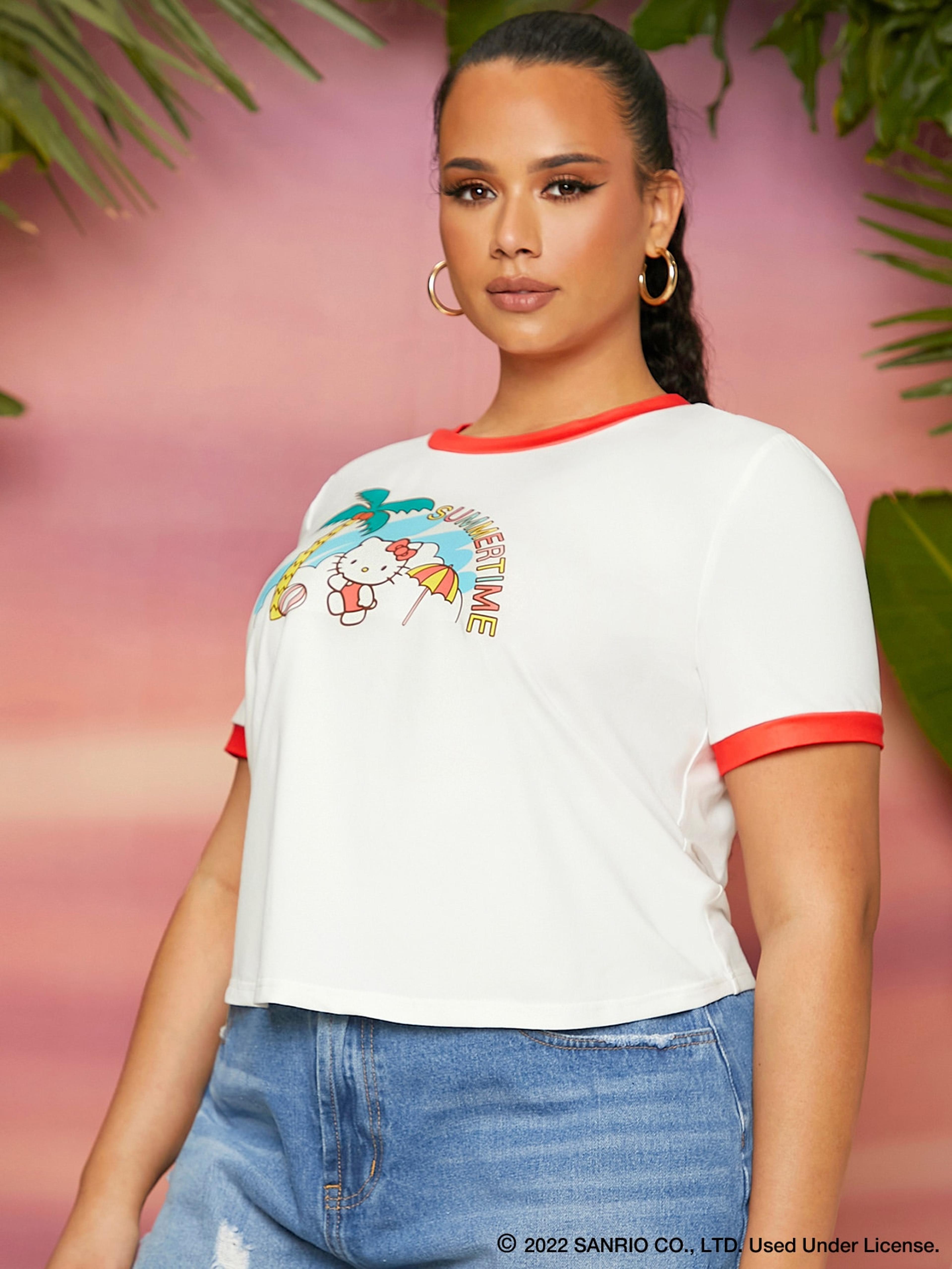 SHEIN X Hello Kitty and Friends Plus Coconut Tree & Cartoon Graphic Contrast Binding Tee