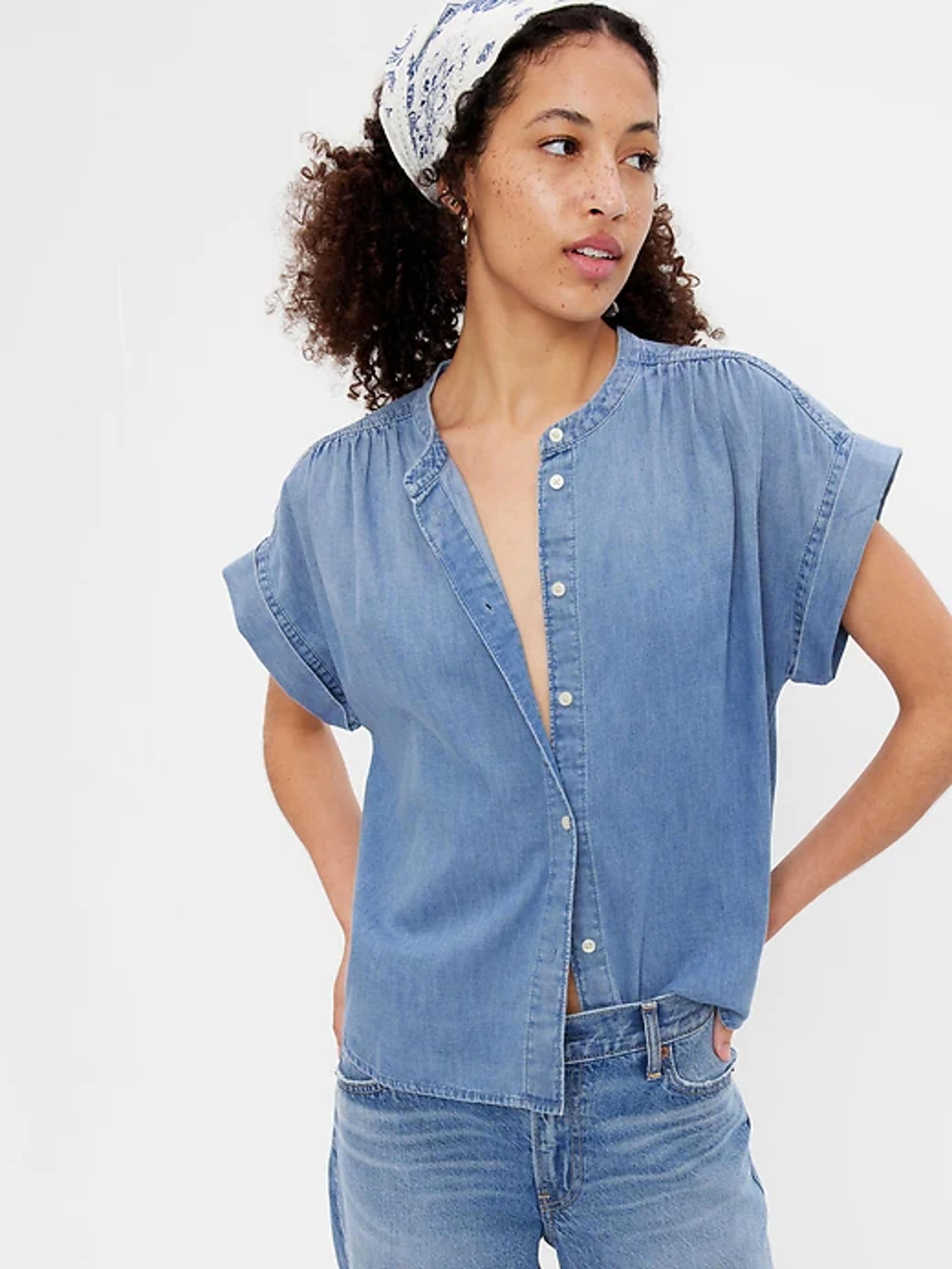 Denim Shirred Button-Front Shirt with Washwell | Gap