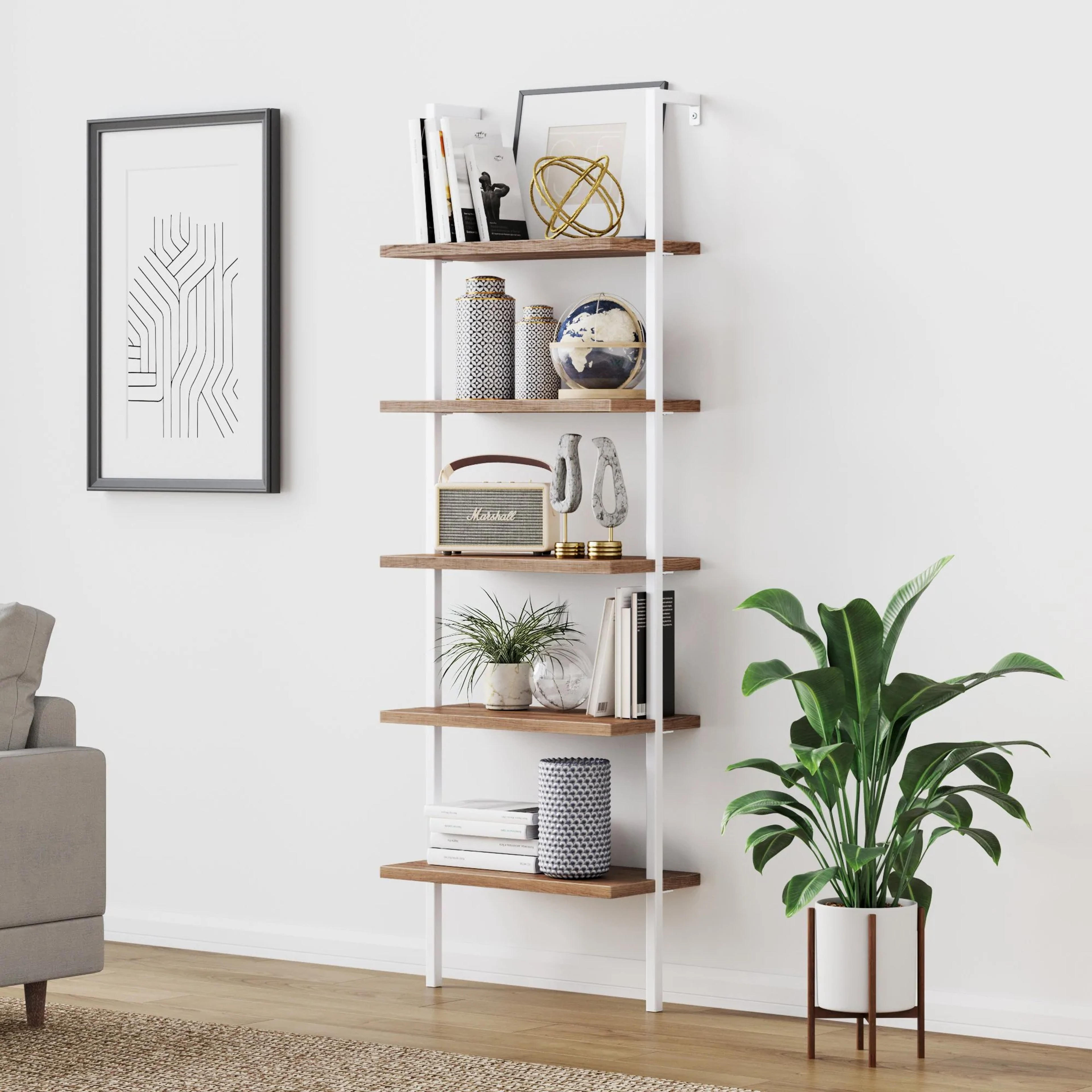 Theo Ladder Bookcase | 5-Shelf | Wood Finish - Rustic Oak-Matte White
