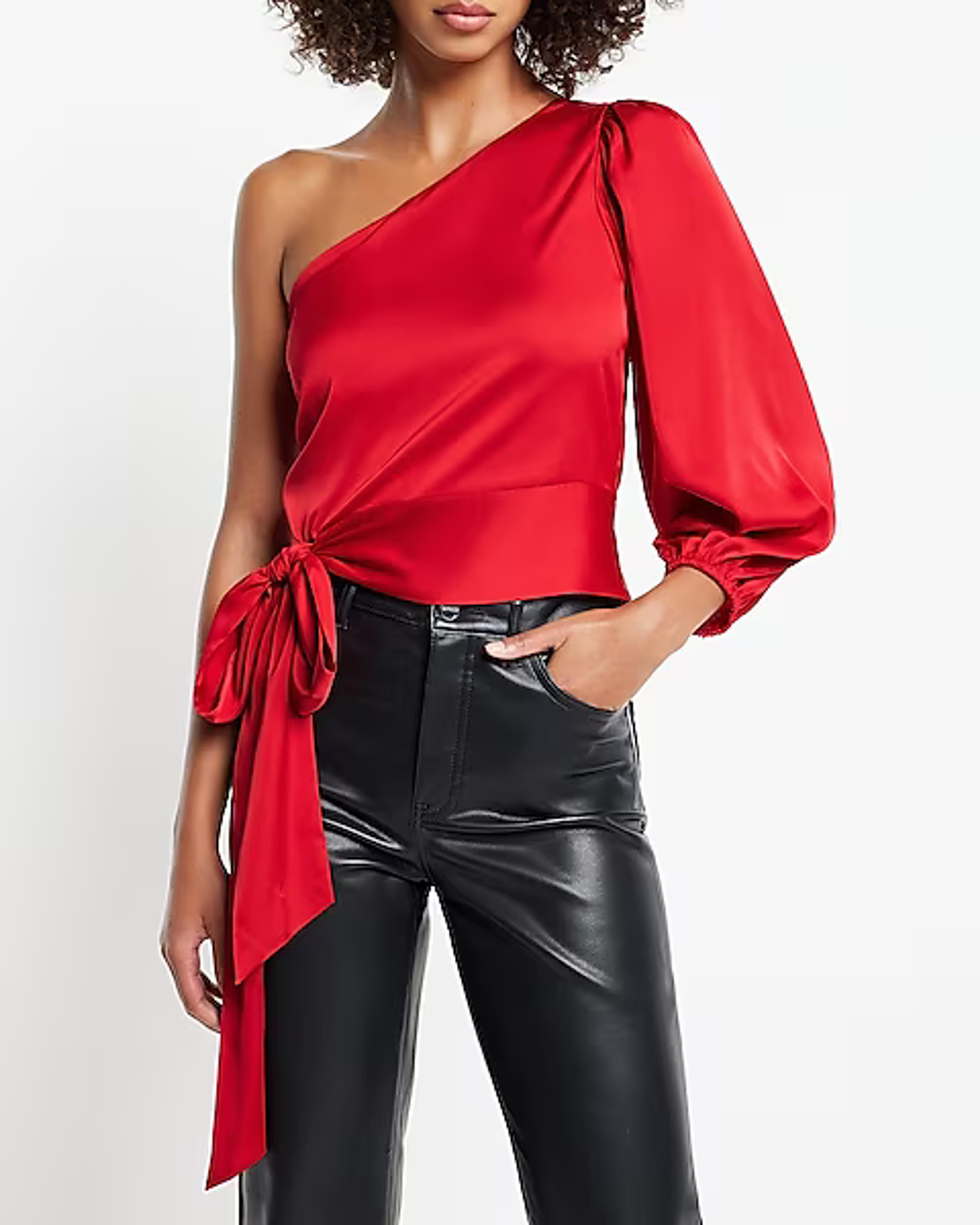 Satin One Shoulder Tie Waist Top | Express