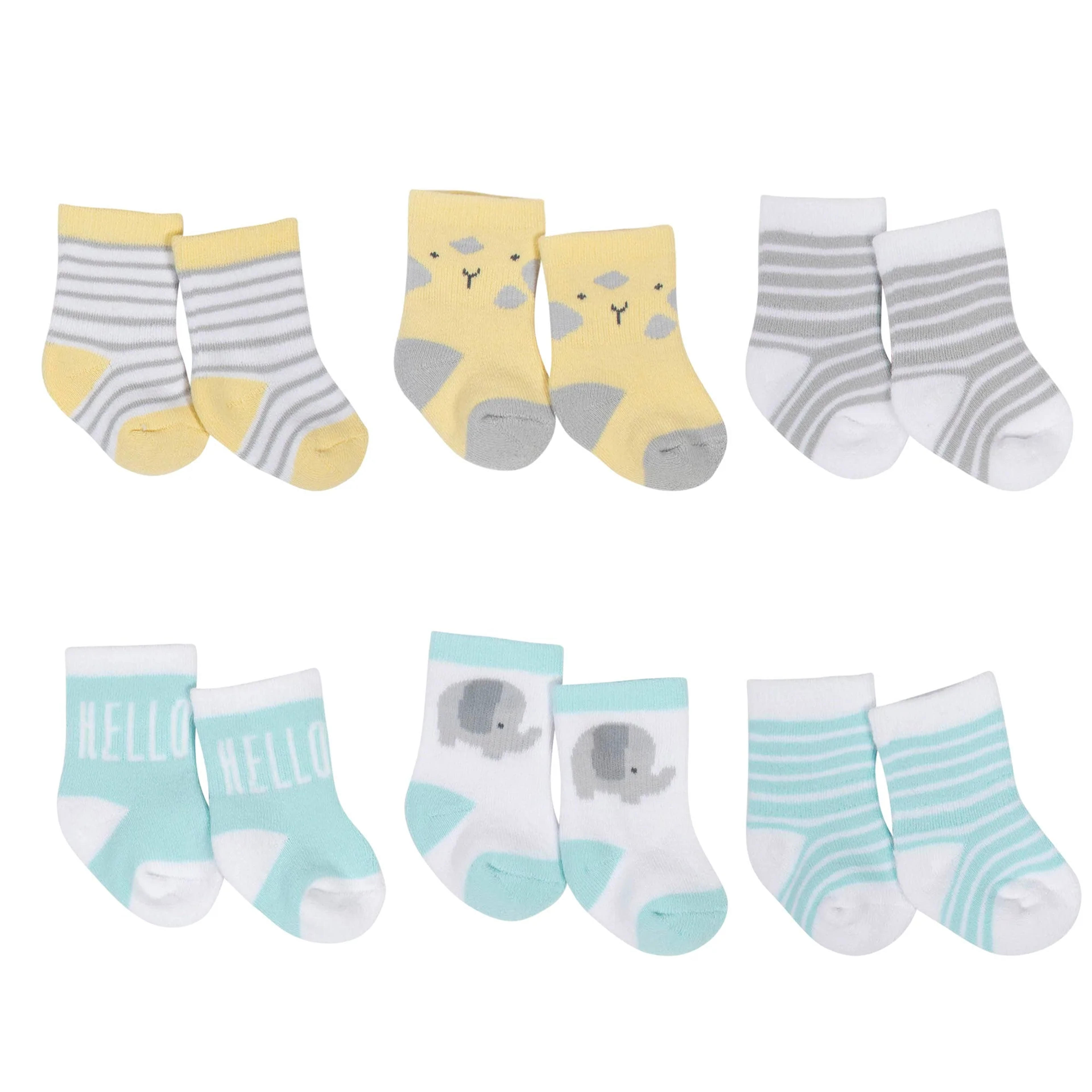 6-Pack Baby Neutral Elephant Wiggle Proof® Crew Socks - 0-3M