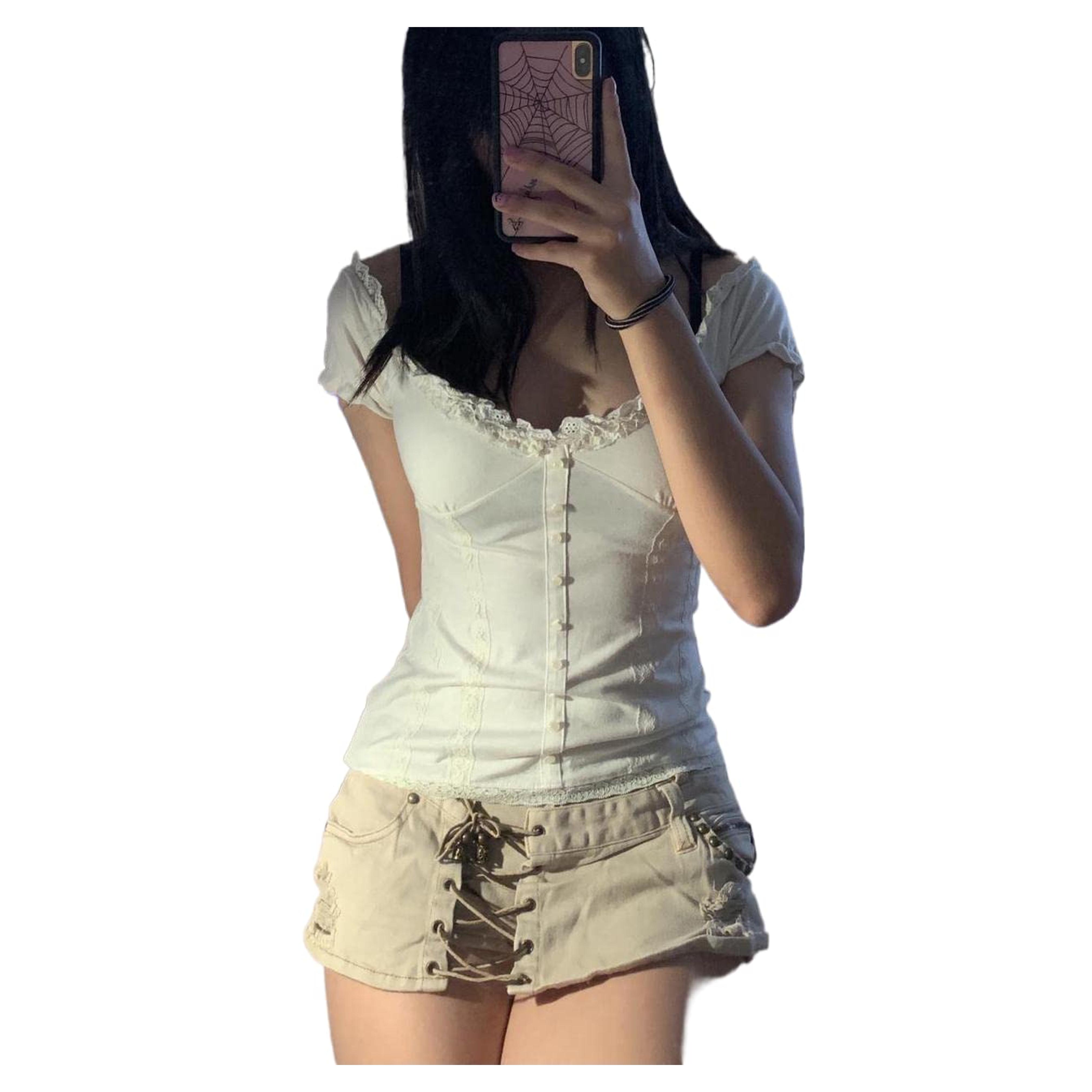 Fairy Grunge Aesthetic Shirts Tops for Women Teens Girls Short Sleeve Vintage Graphic Print Lace Summer Tees Medium White Lace