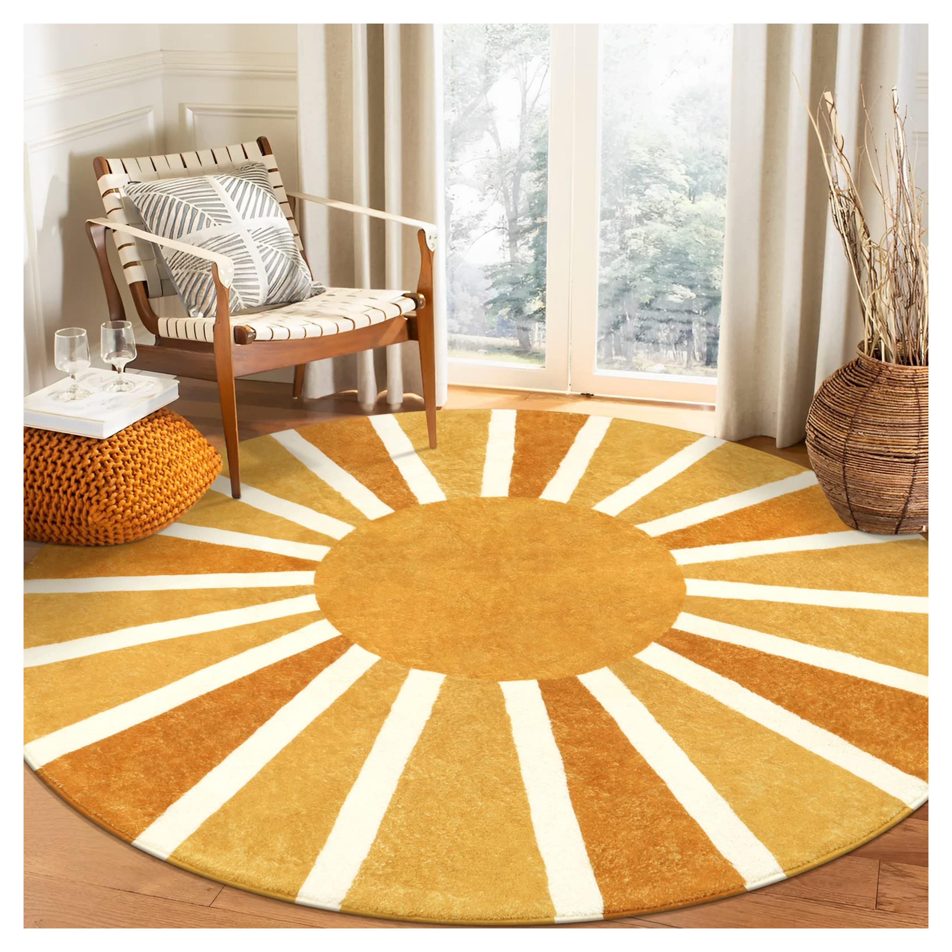 Lahome Boho Round Rug - 3Ft Washable Round Area Rug Non-Slip Small Round Bathroom Rug Throw Soft Kids Nursery Room Rugs Rainbow Sun Print Distressed Round Carpet for Bedroom Entryway Sofa Living Room