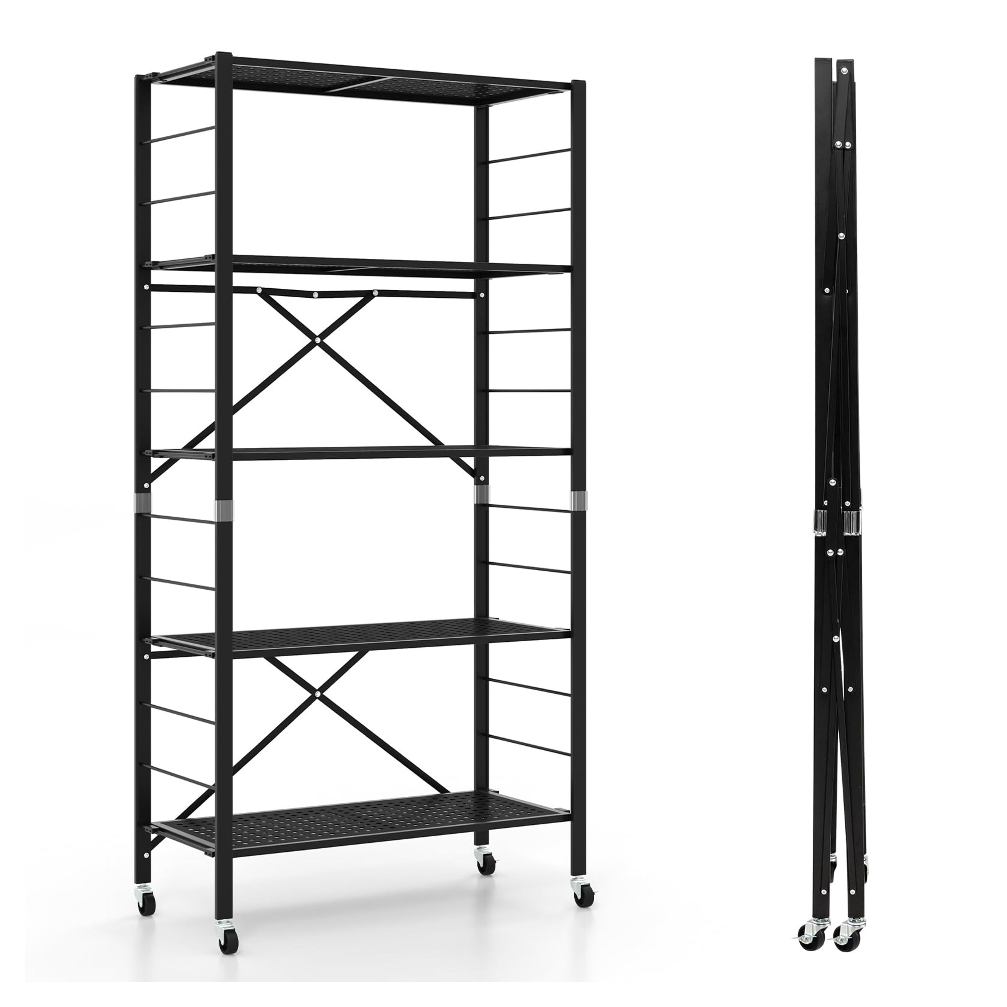 GOFLAME Folding Storage Shelves, 5-Tier Adjustable Shelves with Wheels, Detachable Shelving Unit, Large Capacity, Storage Rack for Garage, Kitchen, Balcony, Living Room, Black
