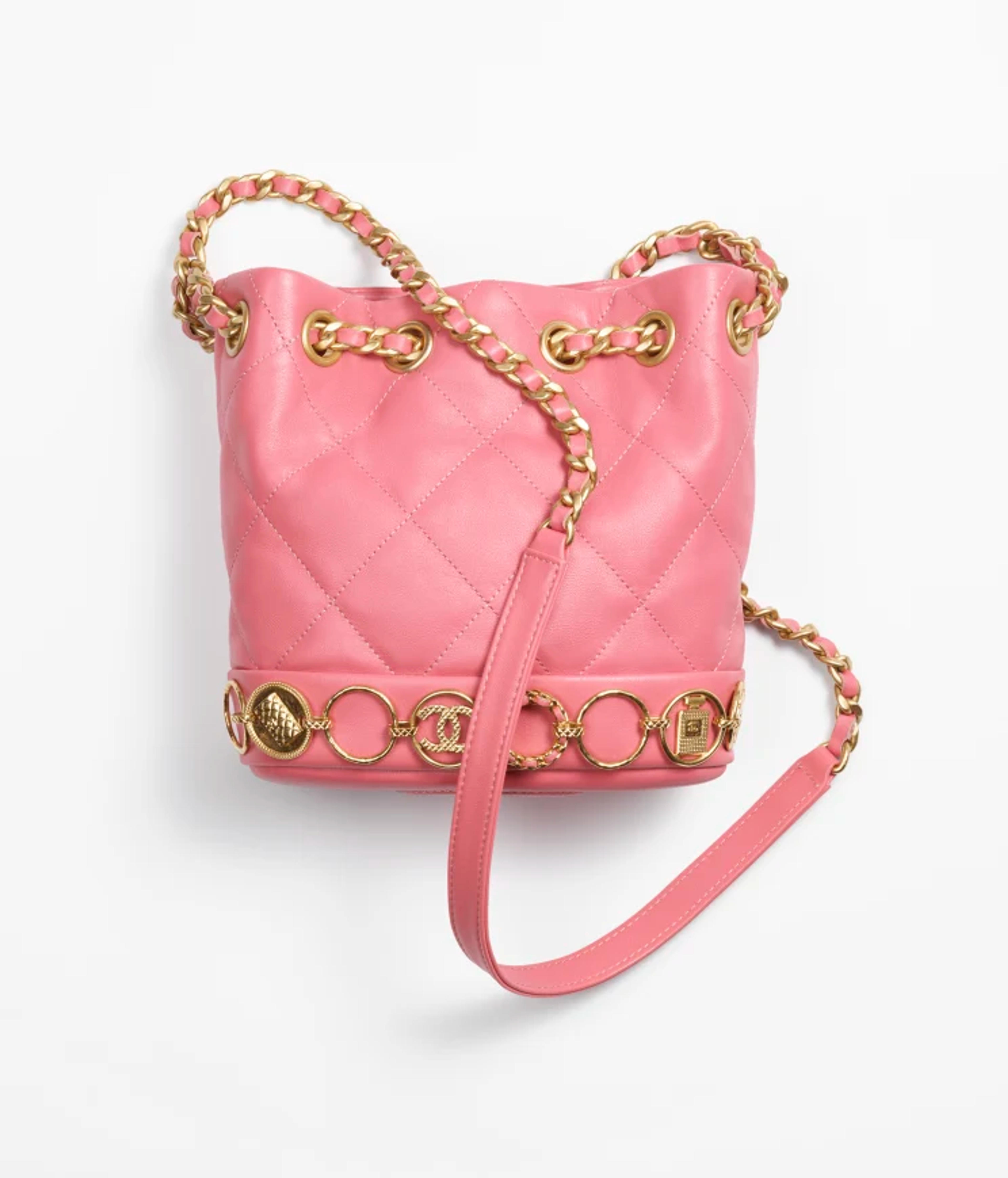 Small bucket bag, Calfskin & gold-tone metal, pink — Fashion | CHANEL