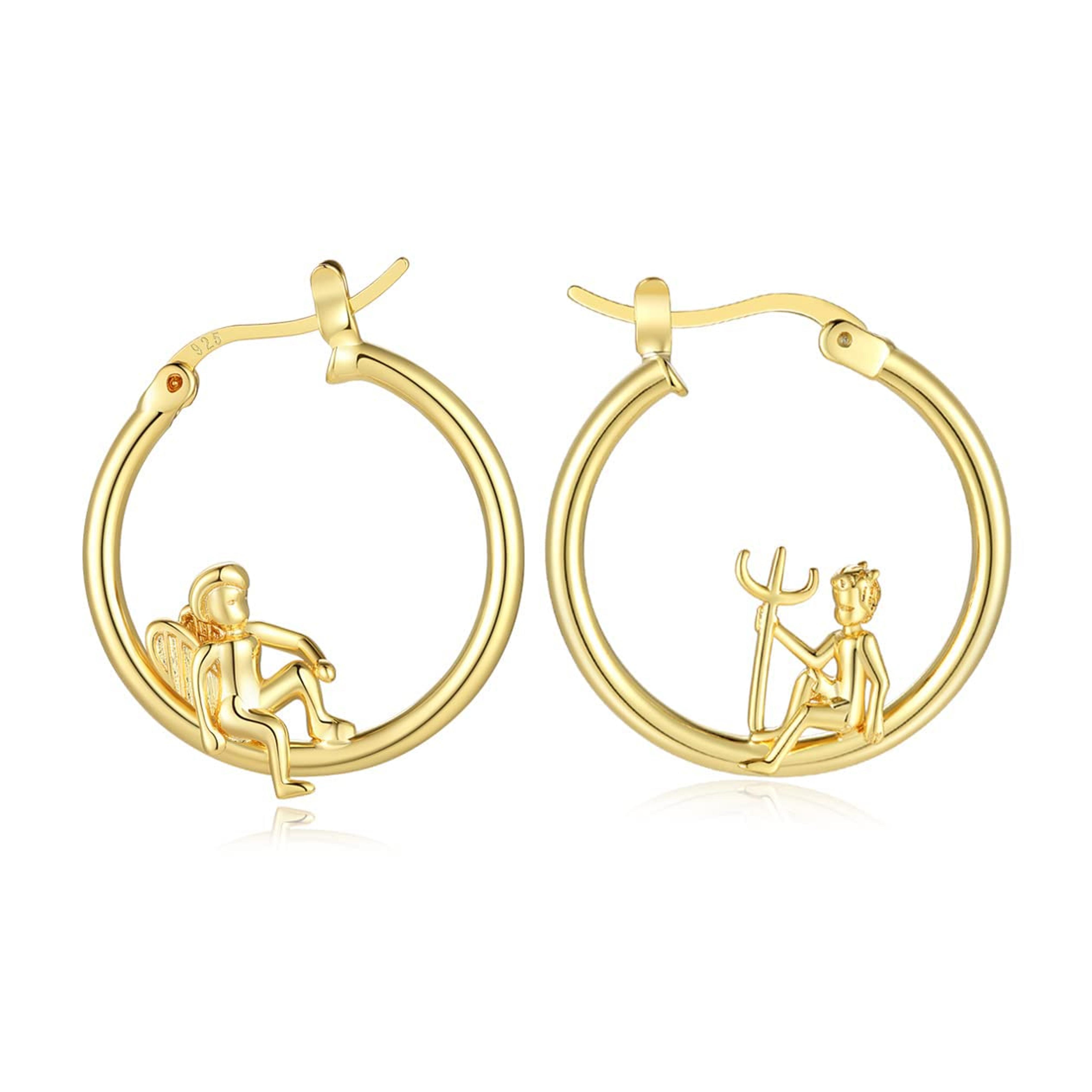 14K Gold Angel Devil Hoop Mismatched Asymmetrical Earrings for Women Girls Jewelry Gifts 925 Sterling Silver Post (Gold)