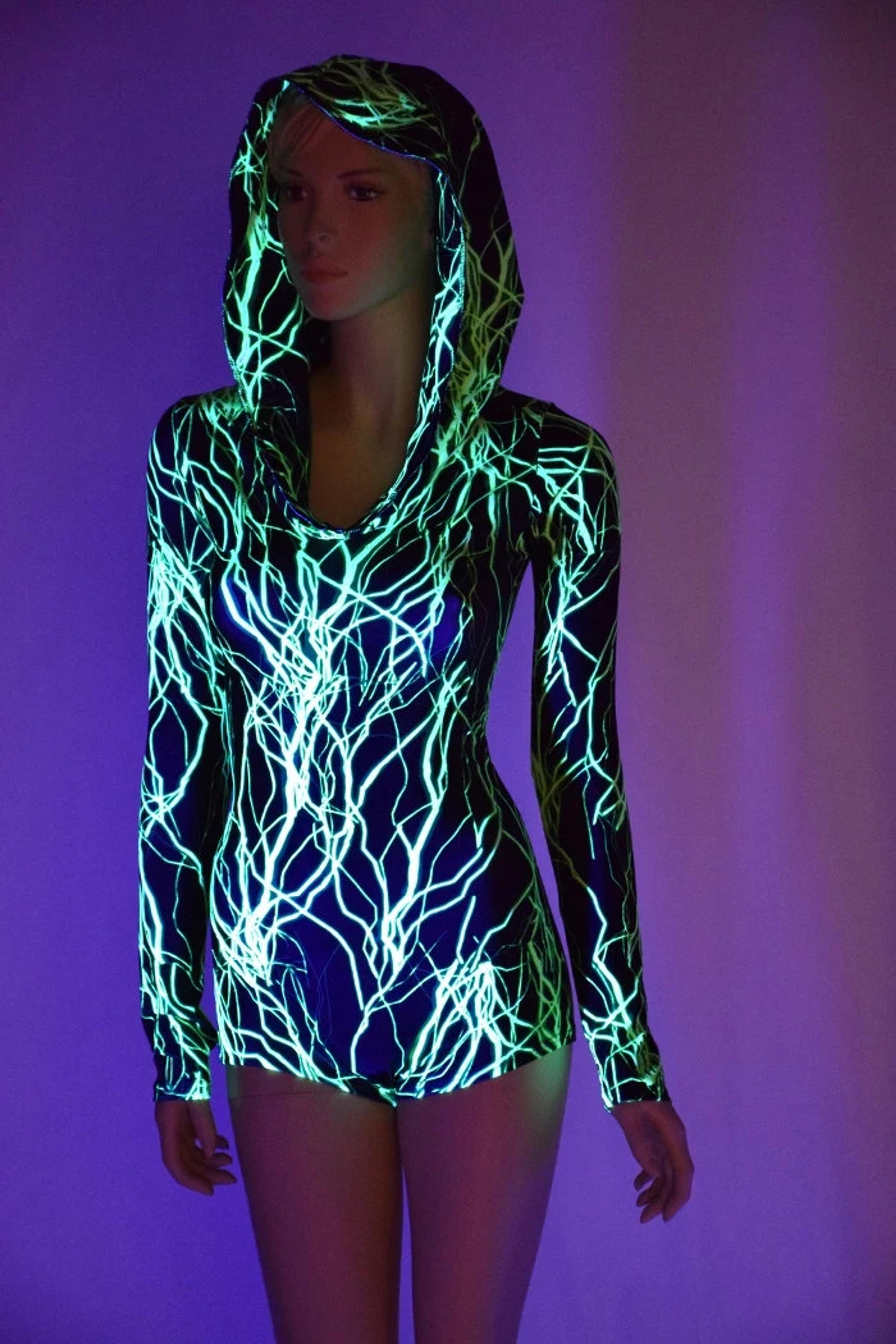 Neon UV Glow Green Lightning Print Long Sleeve Hoodie Romper - Etsy