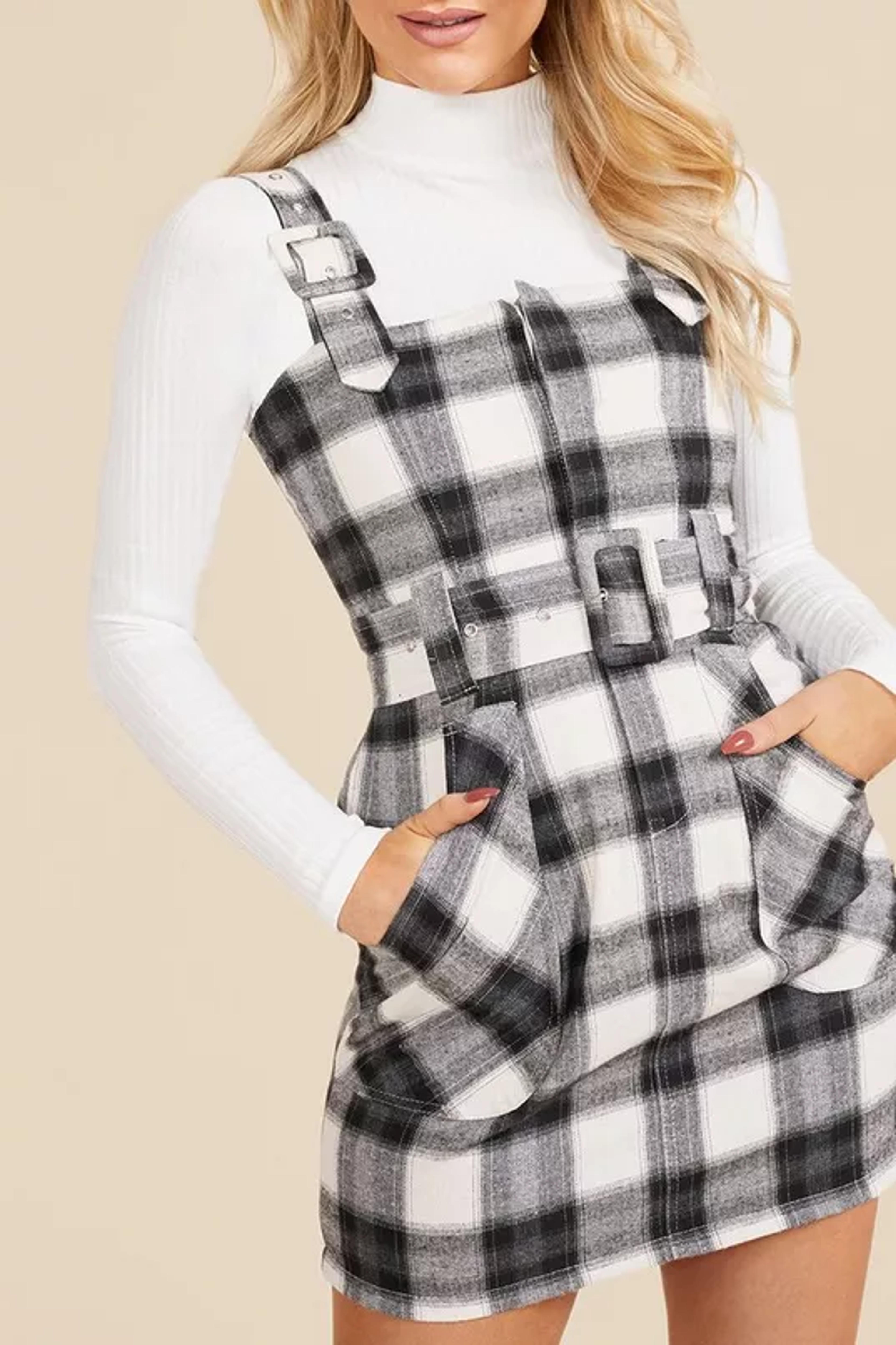 Checked Buckle Detail Pinafore Dress