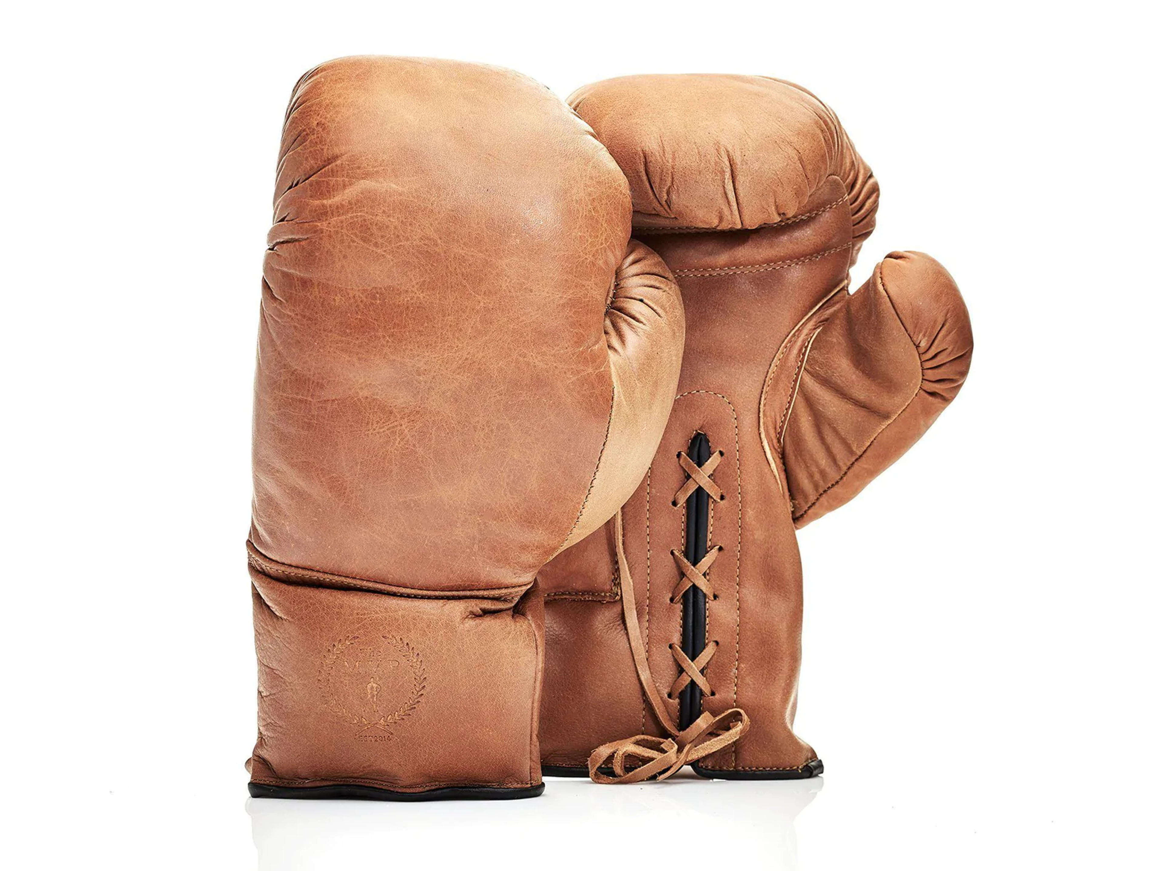 RETRO Deluxe Tan Leather Boxing Gloves (Lace Up) - 14oz / (Large - XL)