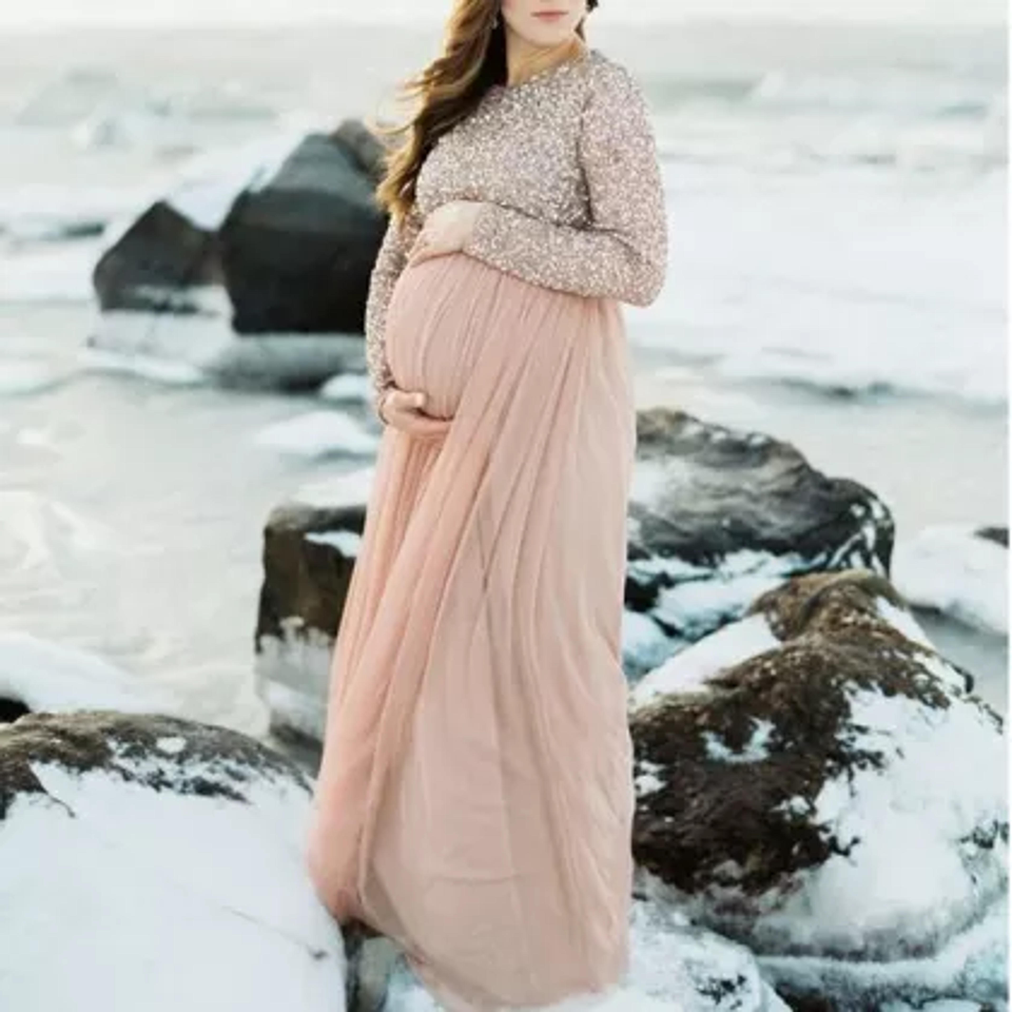 Maternity Long Sleeve Party Dress Gown Sequins Baby Shower Photoshoot Dress