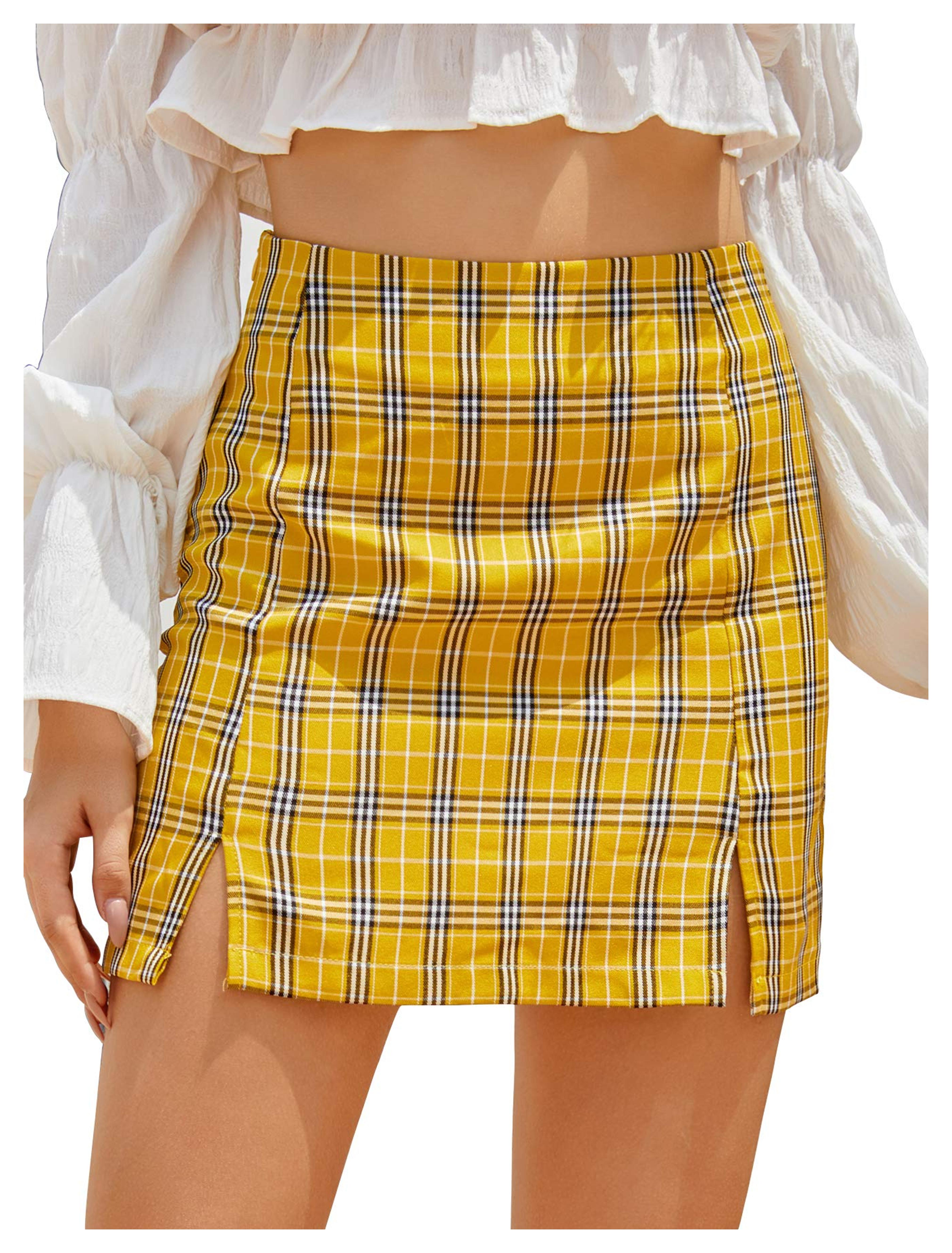 LYANER Women's Split Front Tartan Plaid High Waist Zip Up Mini Bodycon Skirt Yellow Medium