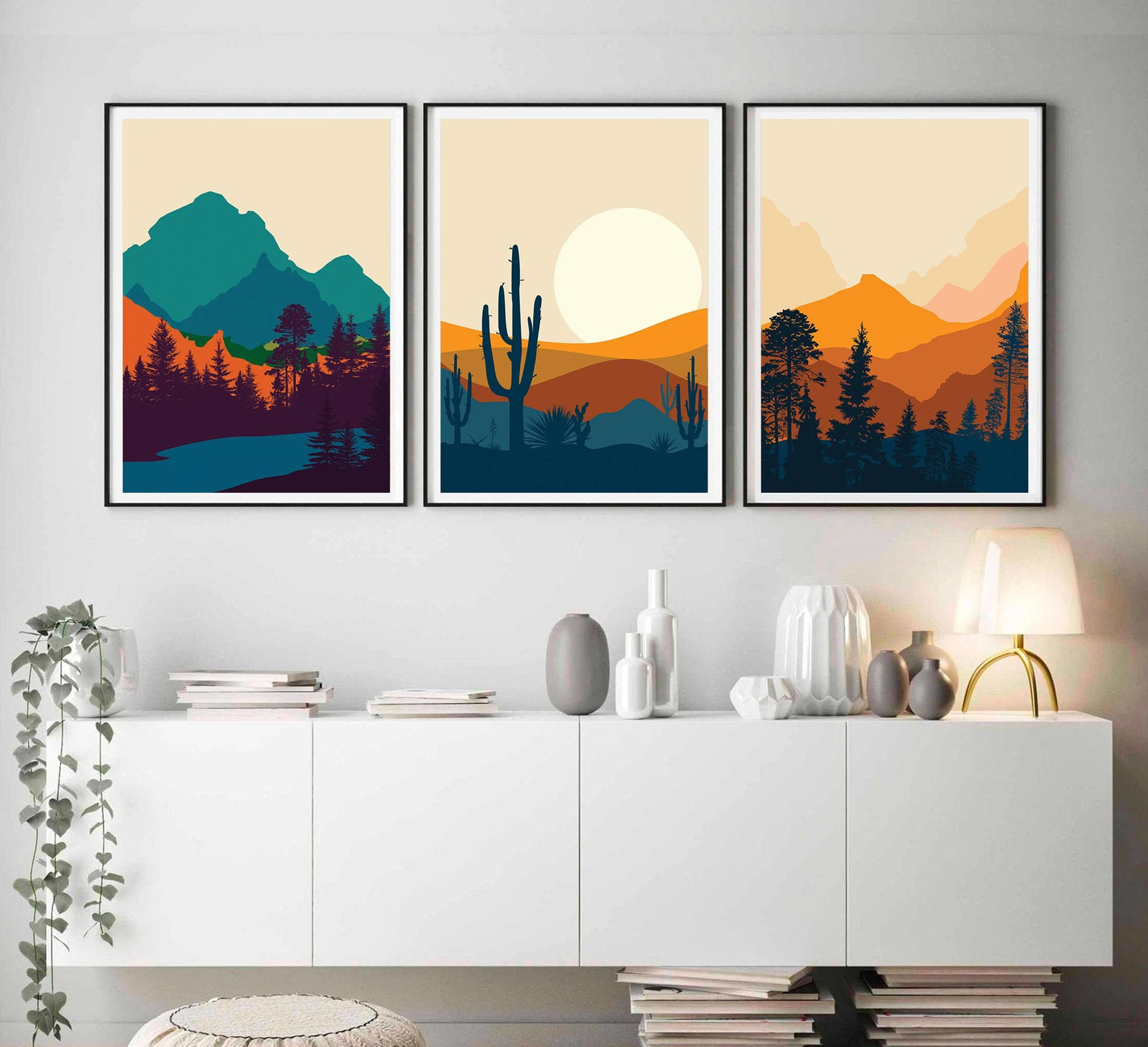 Mid Century Modern Art Print Set of 3 Landscape Sun Mountain - Etsy