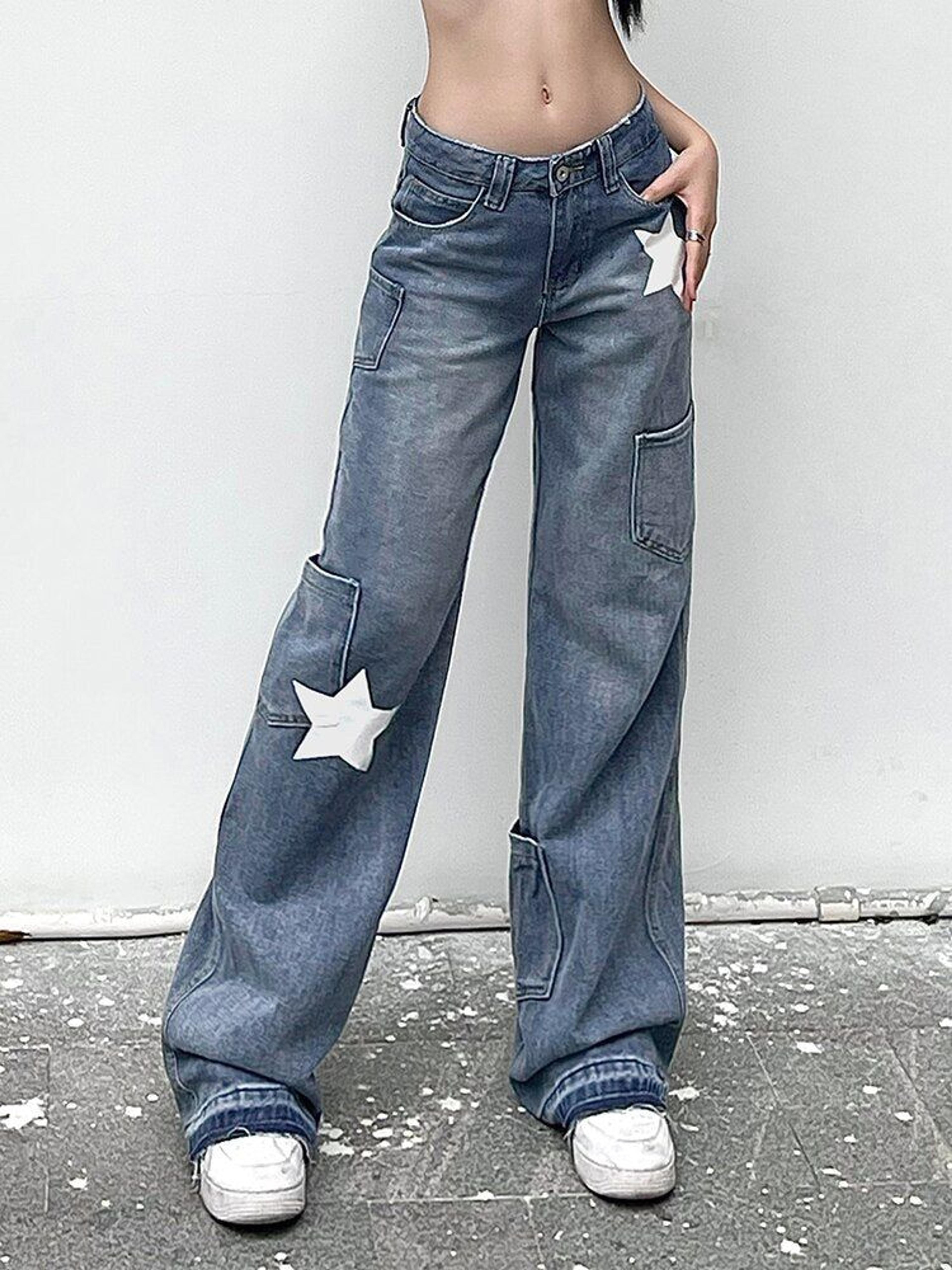 Y2K Streetwear Star Print Low Rise Flared Jeans - Blue / S