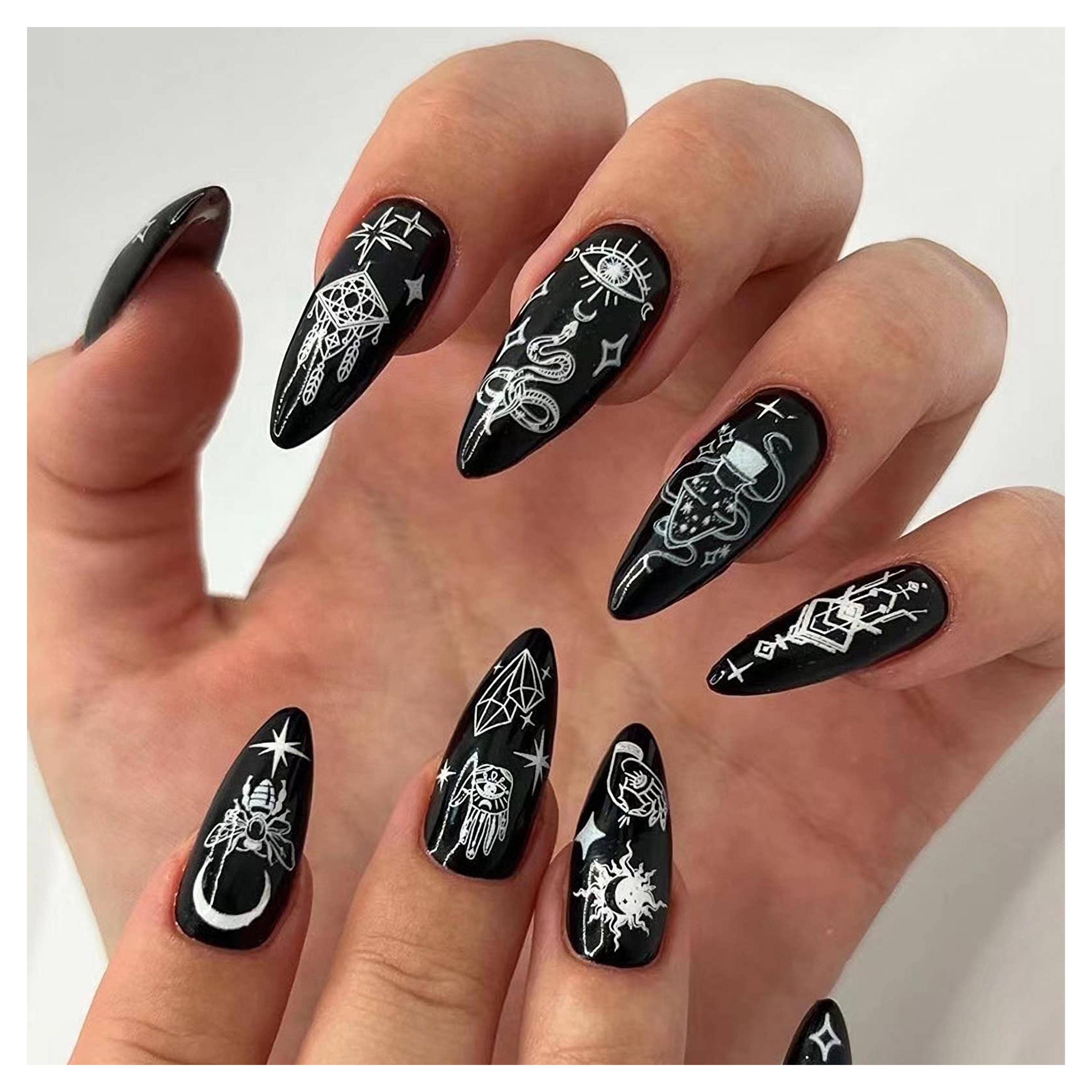 IMSOHOT Almond Press on Nails Medium Stiletto Black Fake Nails with Nail Glue Moon Star False Nails 24Pcs Full Cover Acrylic Nails