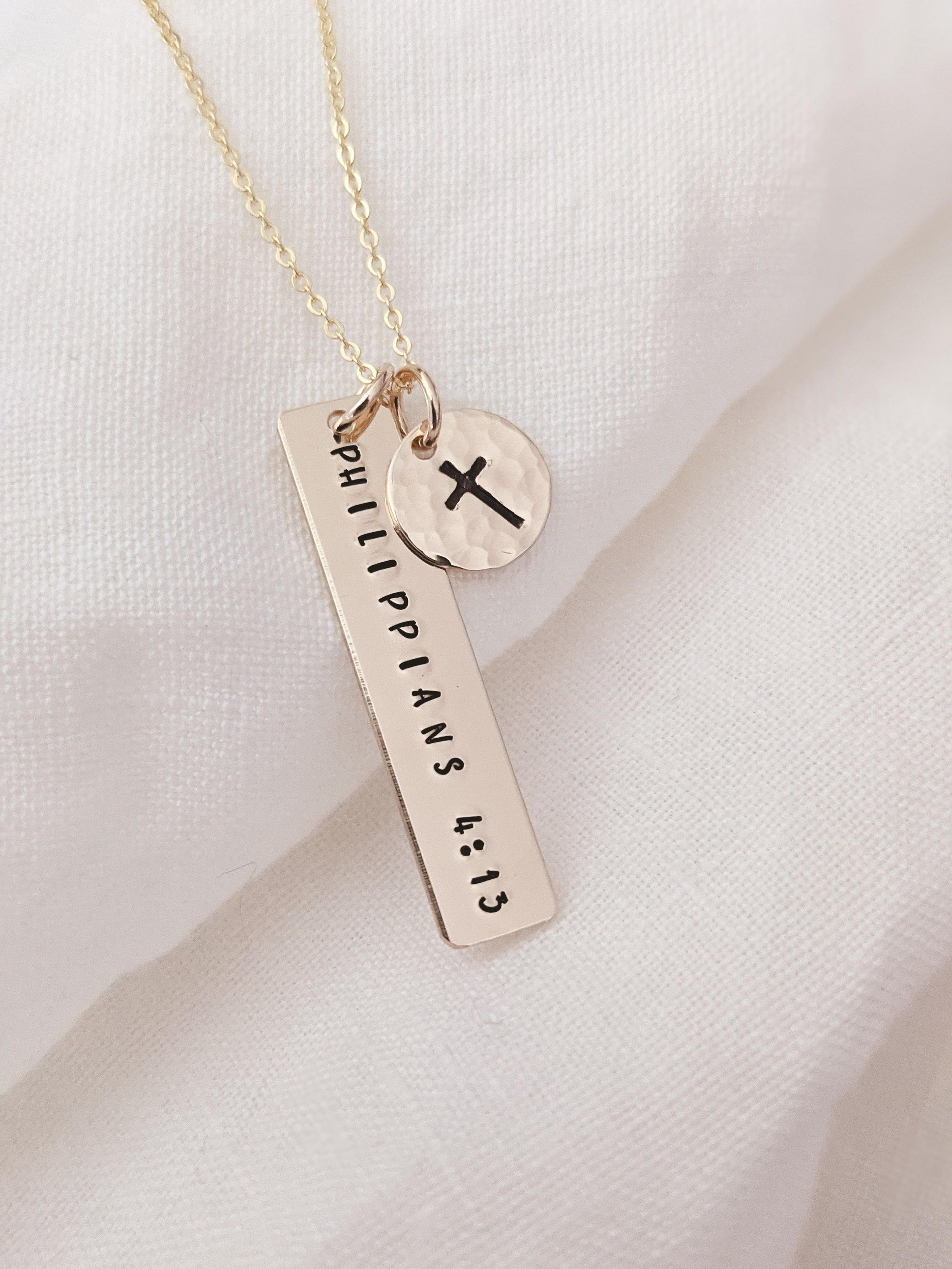 Philippians 4 13 Necklace, 14k Gold Filled, Sterling Silver, Bible Verse, Faith Necklace, Christian Cross Jewelry, Religious, Christmas Gift