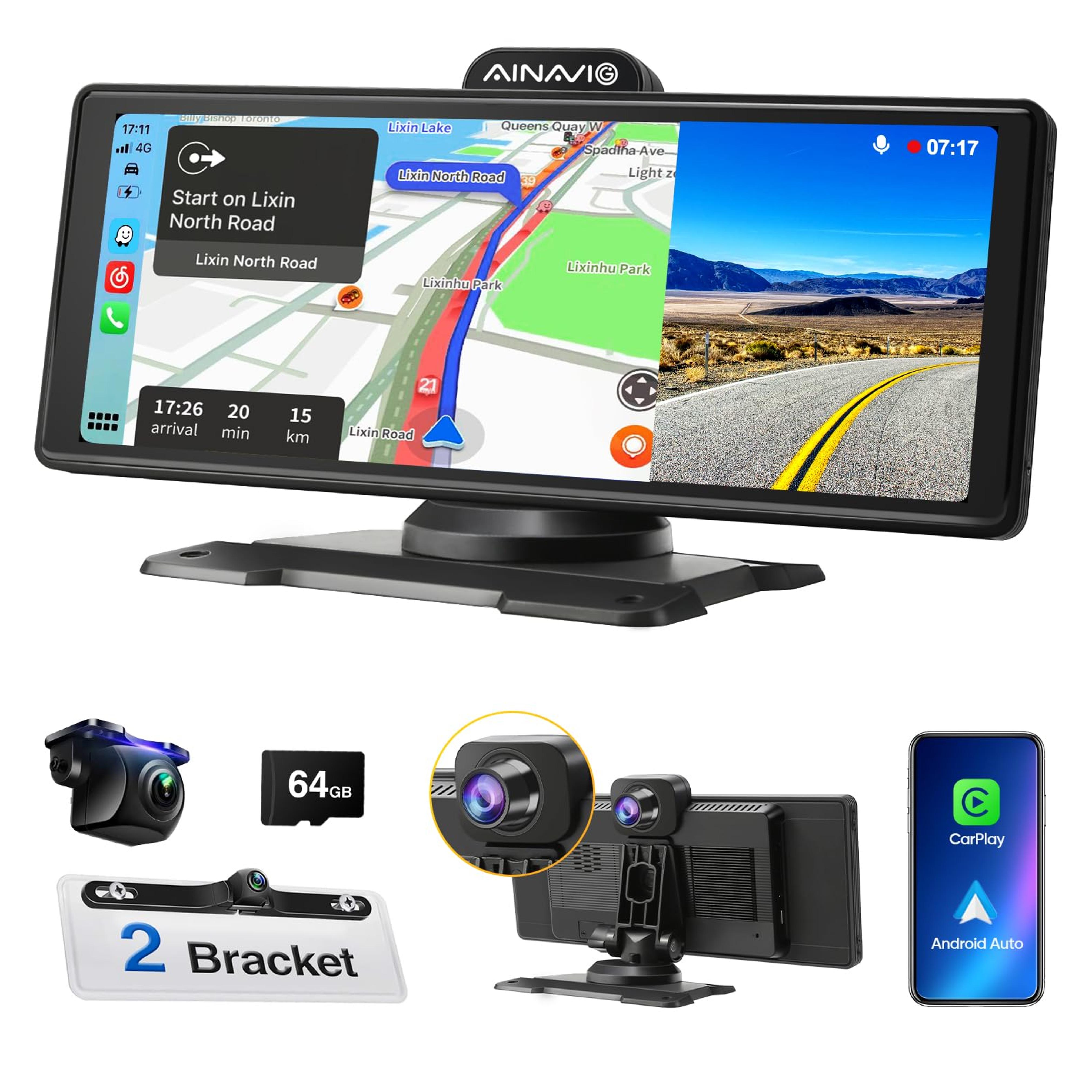 Amazon.com: 10.26'' Portable Car Stereo with 4K Dashcam, Wireless Dash Mount Apple Carplay & Android Auto, Drivemate Car Play Screen with Backup Camera,Bluetooth,GPS Navigation,Mirror Link (4K (BT Audio) 1080P) : Electronics