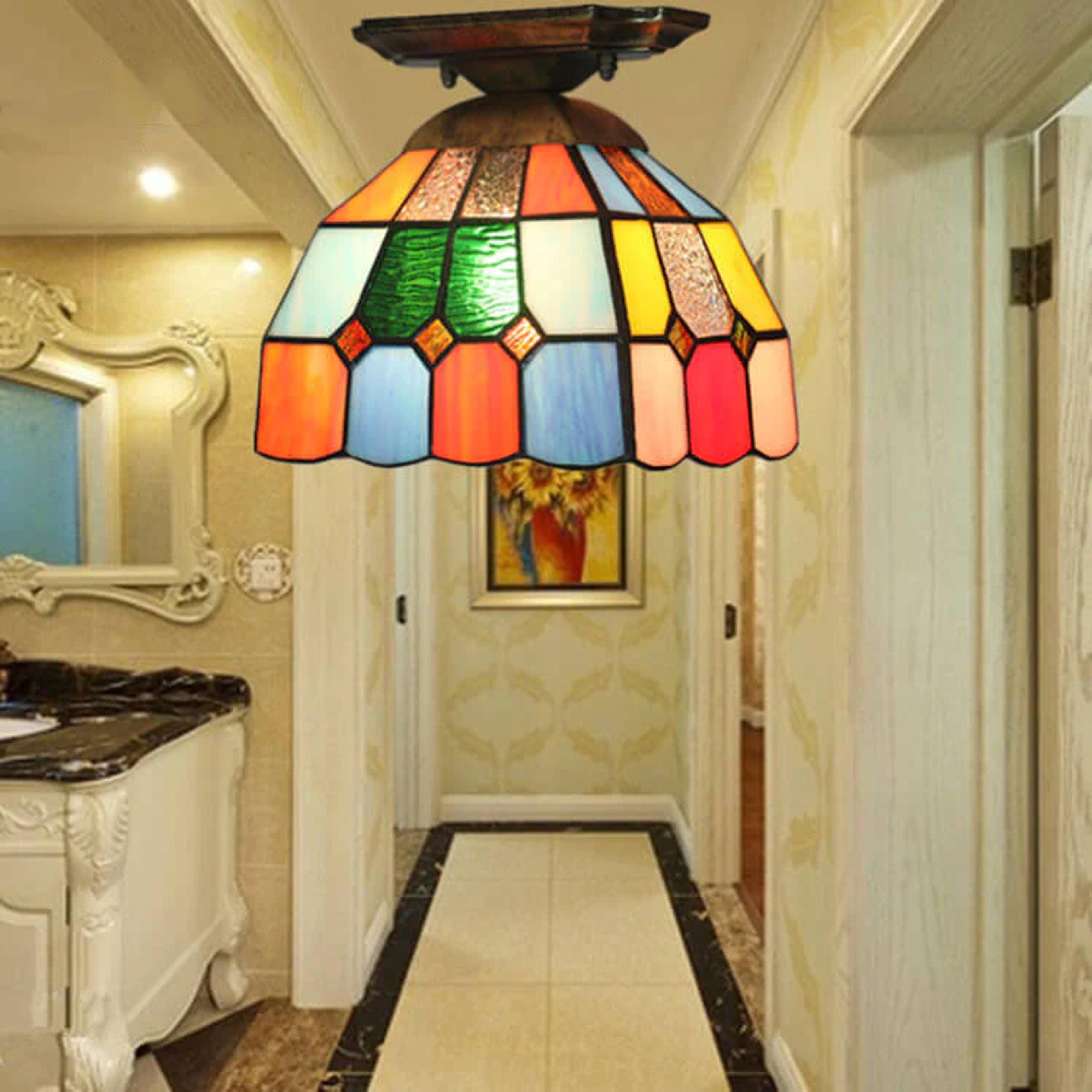 Tiffany Stained Glass Dome 1-Light Semi-Flush Mount Ceiling Light