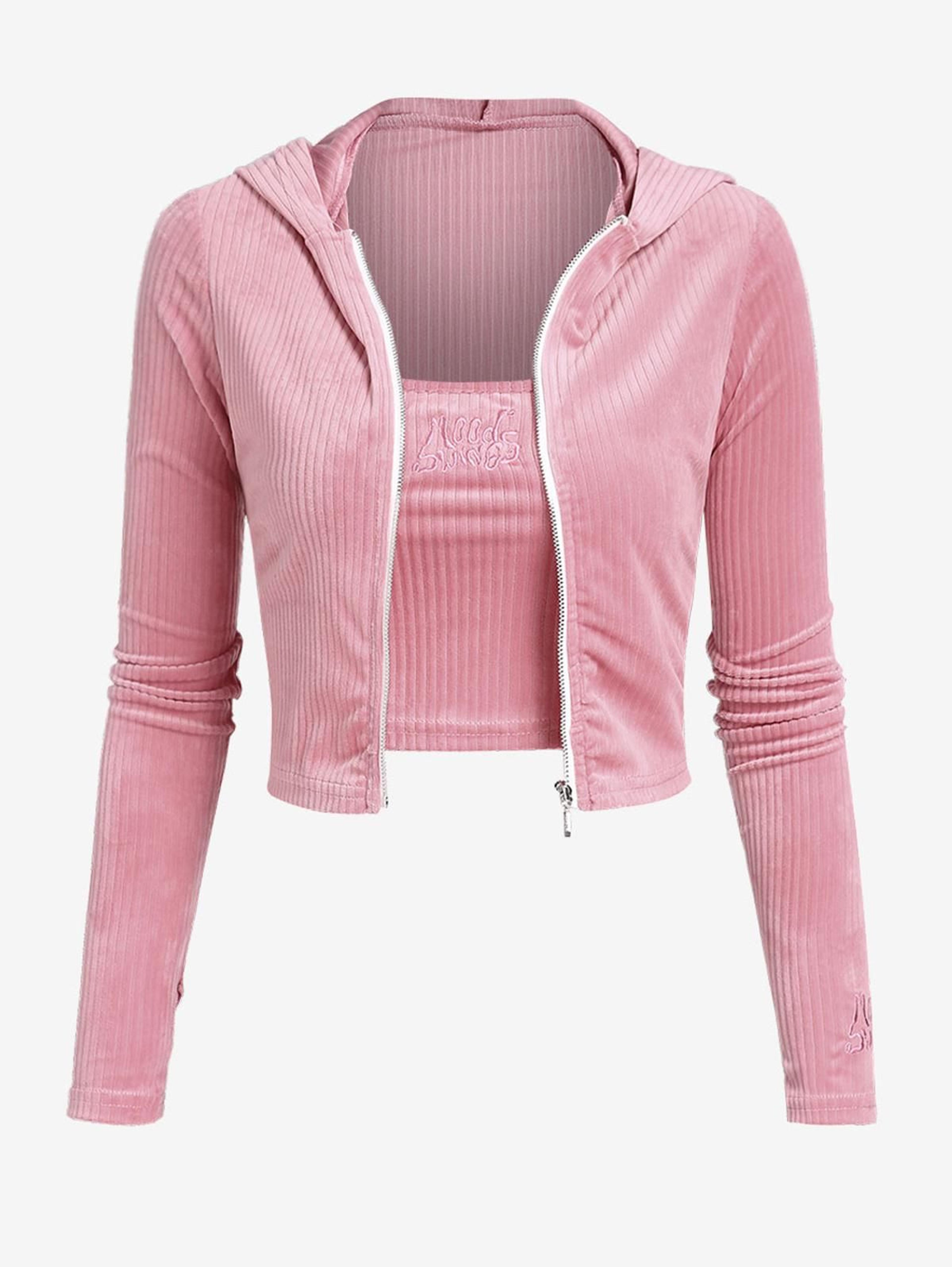 Women Hoodies Full Zip Velvet Cropped Sweatshirt with Embroidered Cami Top S Light pink