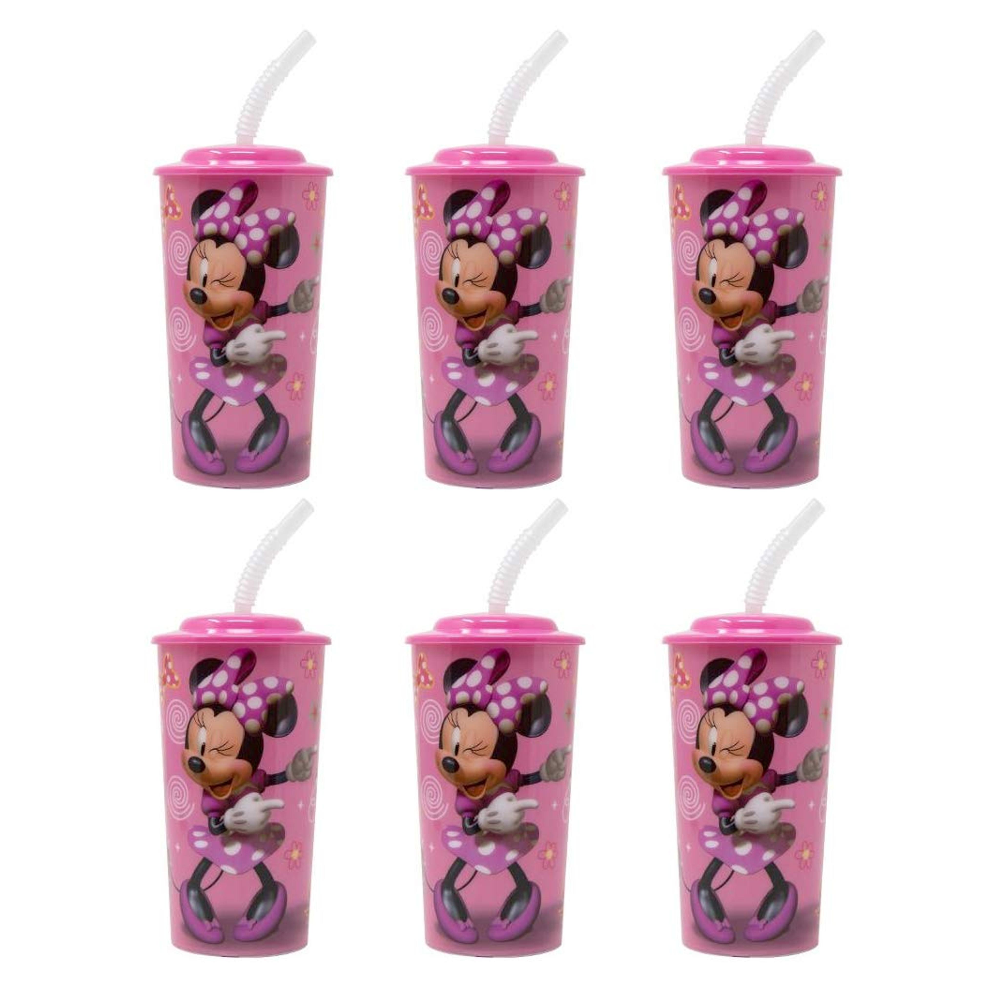 6-Pack Disney Minnie Mouse 16oz Reusable Sports Tumbler Drink Cups with Lids & Straws, Pink