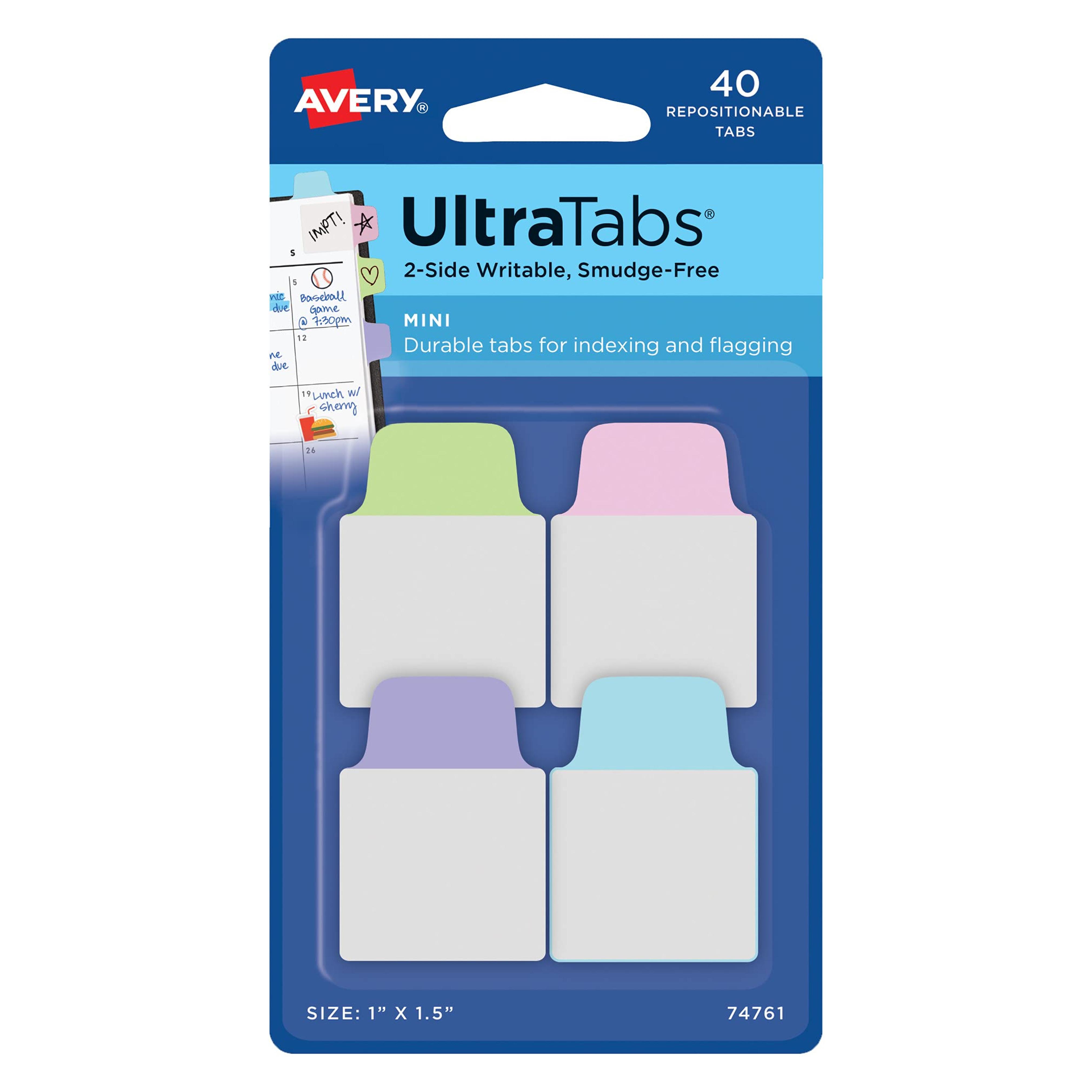 Avery Mini Ultra Tabs, 1" x 1.5", 2-Side Writable, Pastel Purple/Blue/Pink, 40 Repositionable Tabs (74761)