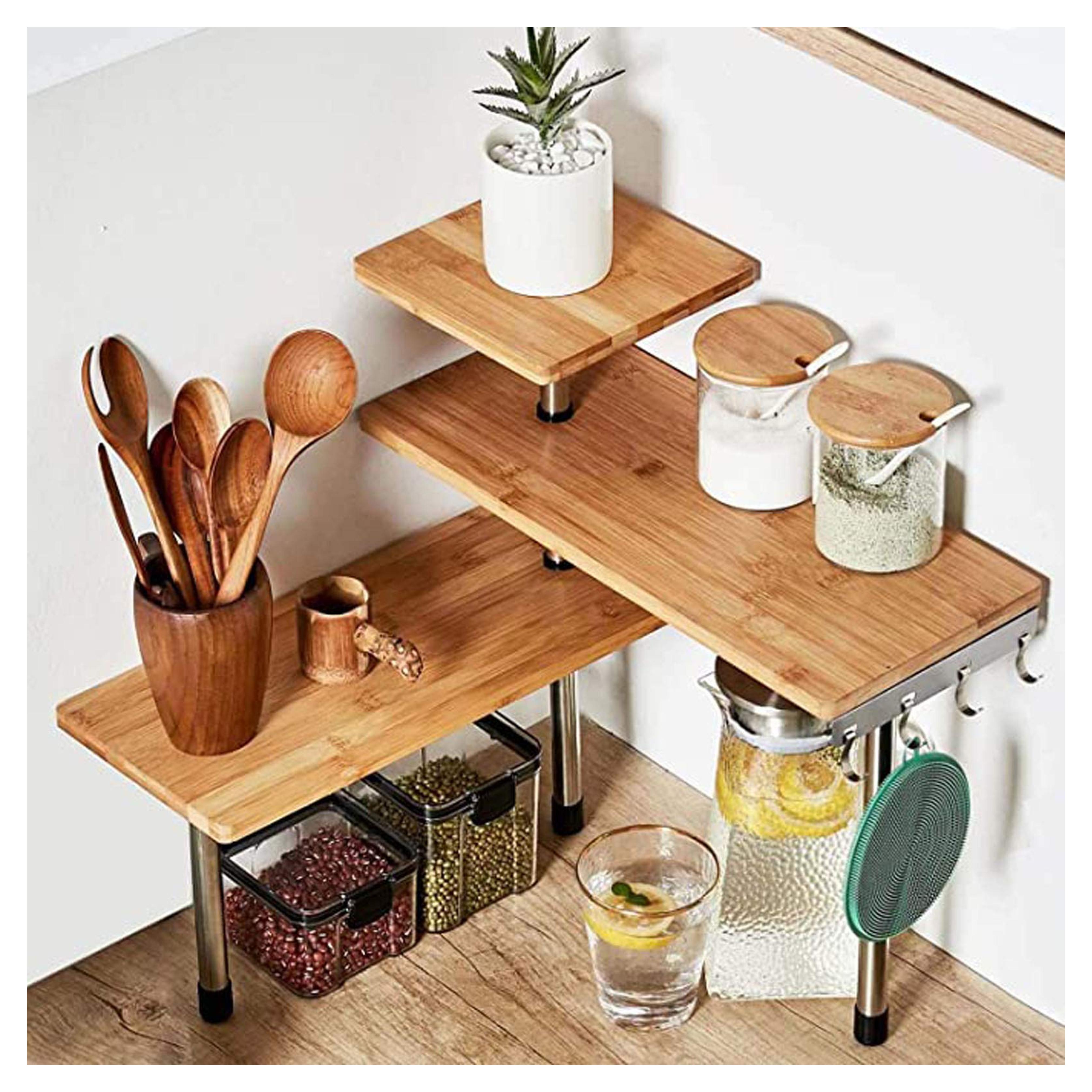 HYNAWIN 3 Tier Corner Shelf Bamboo & Metal Storage Spice Rack-Desk Bookshelf Display Shelves Space Saving Organizer -Adjustable Rack for Kitchen,Bedroom, Office-Creative Home Décor with Hooks