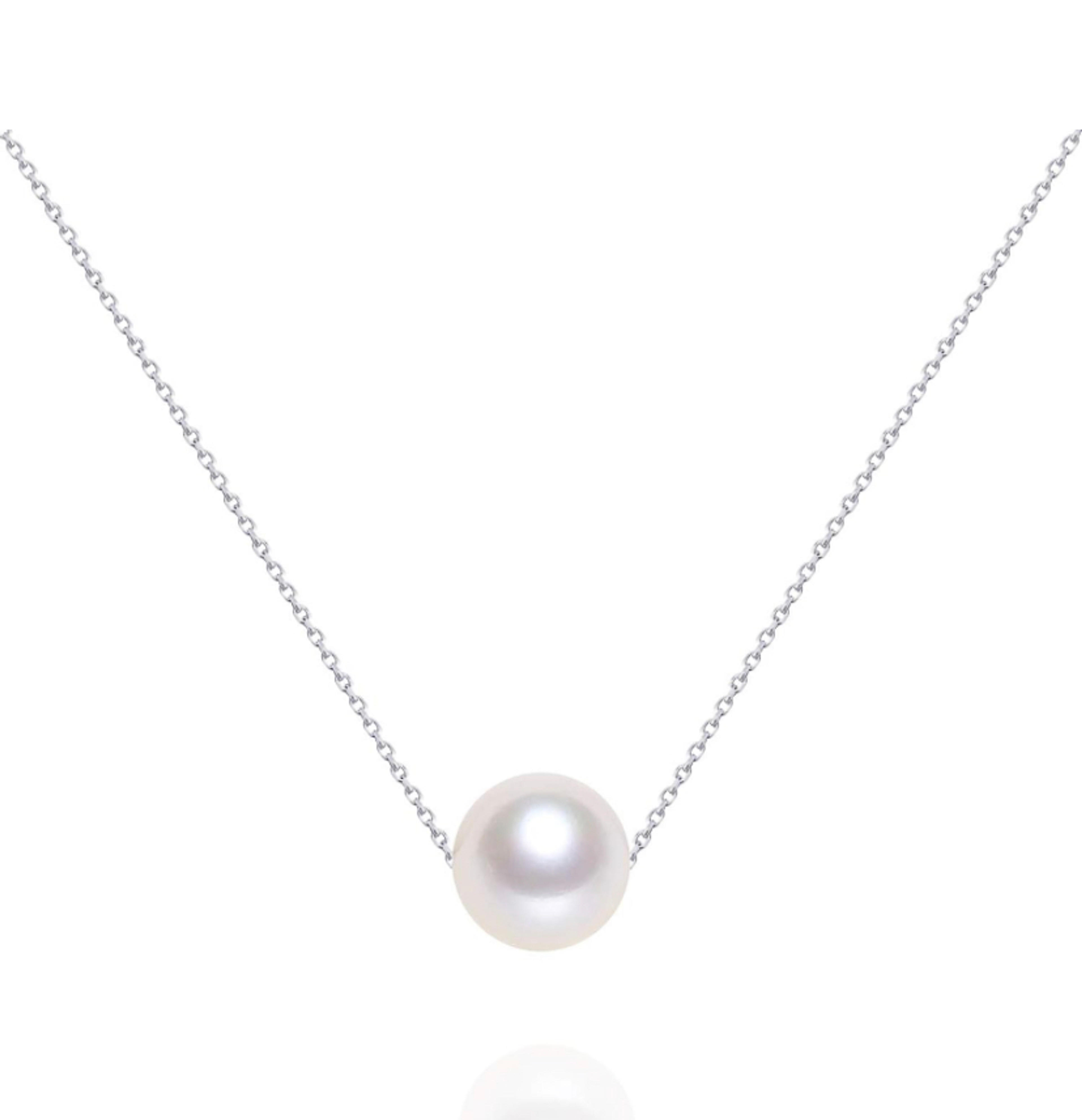 AAAA Single Floating Pearl Necklace Sterling Silver Freshwater Cultured Pearl Pendant Necklace for Women 16",17.5"