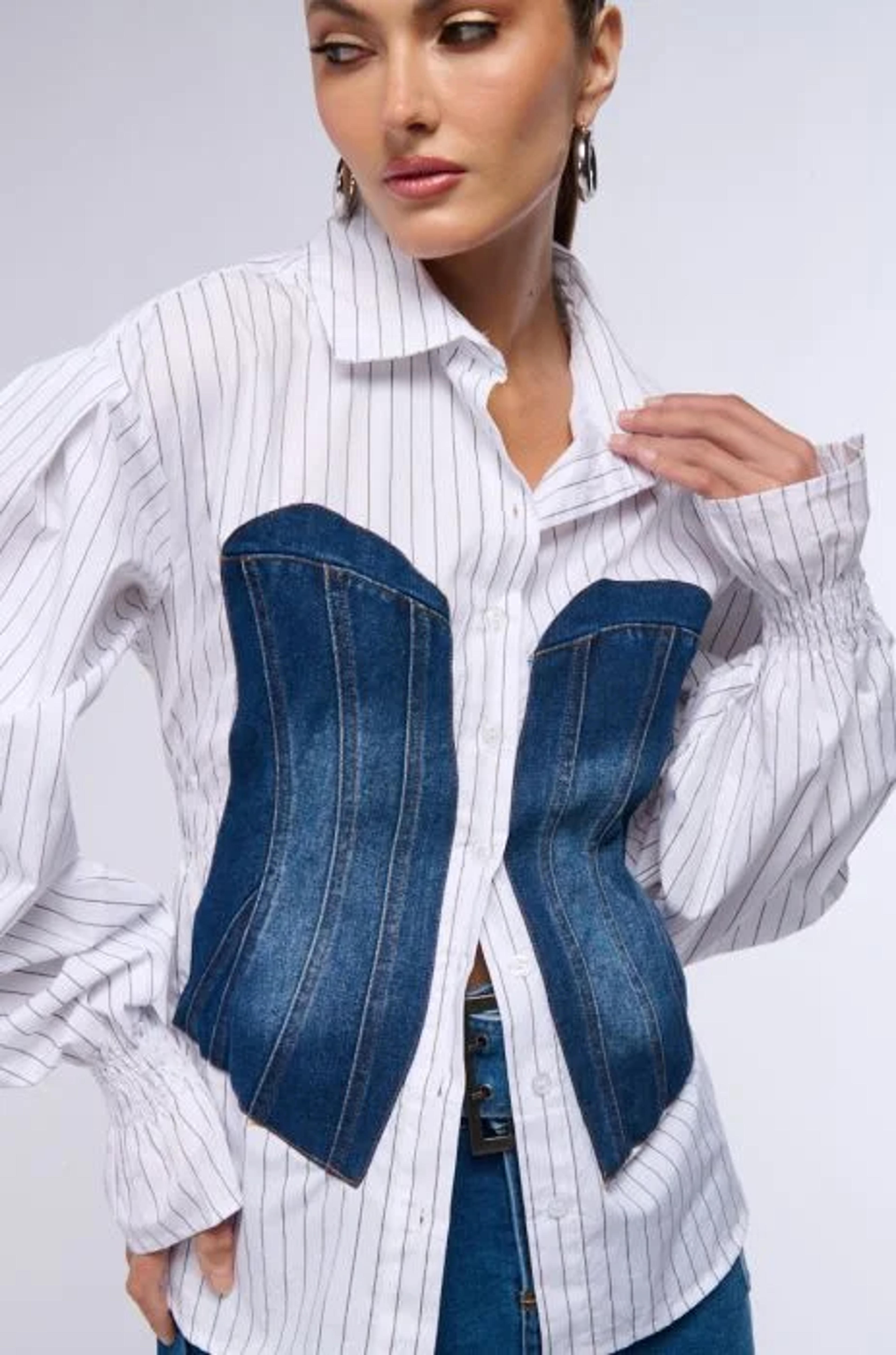 RAISA DENIM CORSET DETAIL BUTTON DOWN BLOUSE IN WHITE MULTI